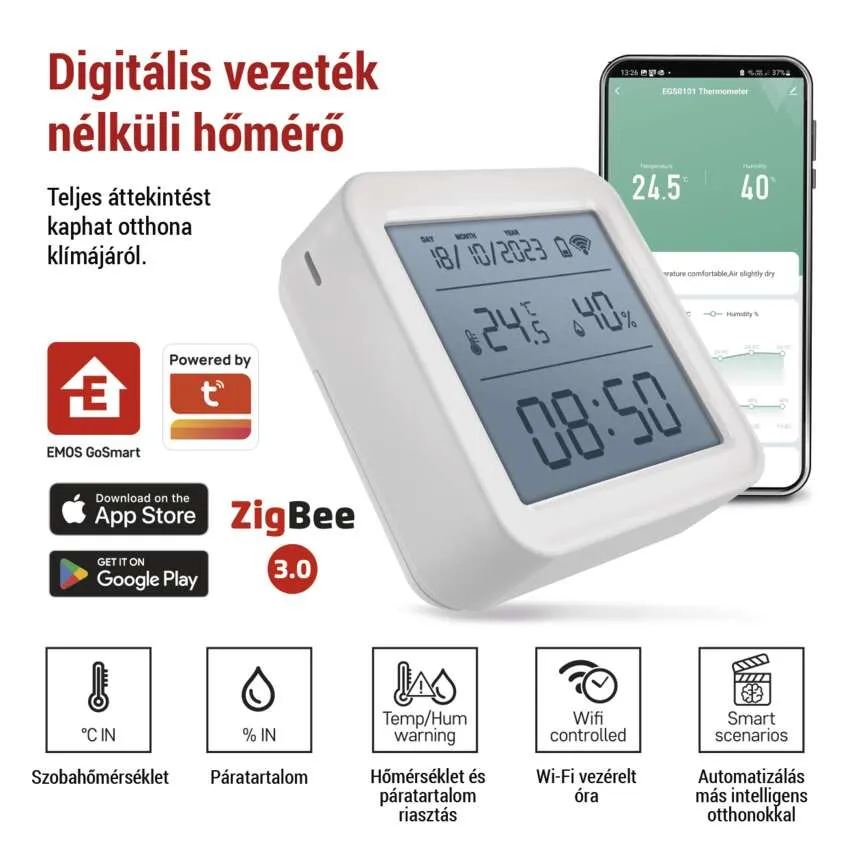 Digitális hőmérő okostelefonnal, amely hőmérsékletet, páratartalmat és ikonokat mutat.