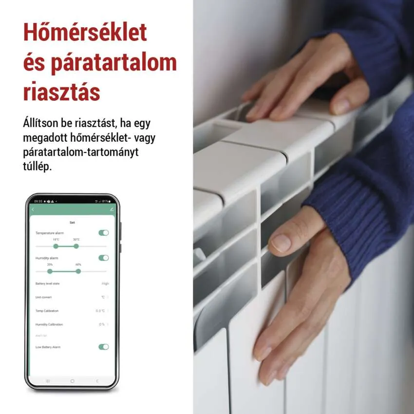Telefon applikációval, hőmérséklet beállításokkal, egy személy keze a fehér radiátor közelében.