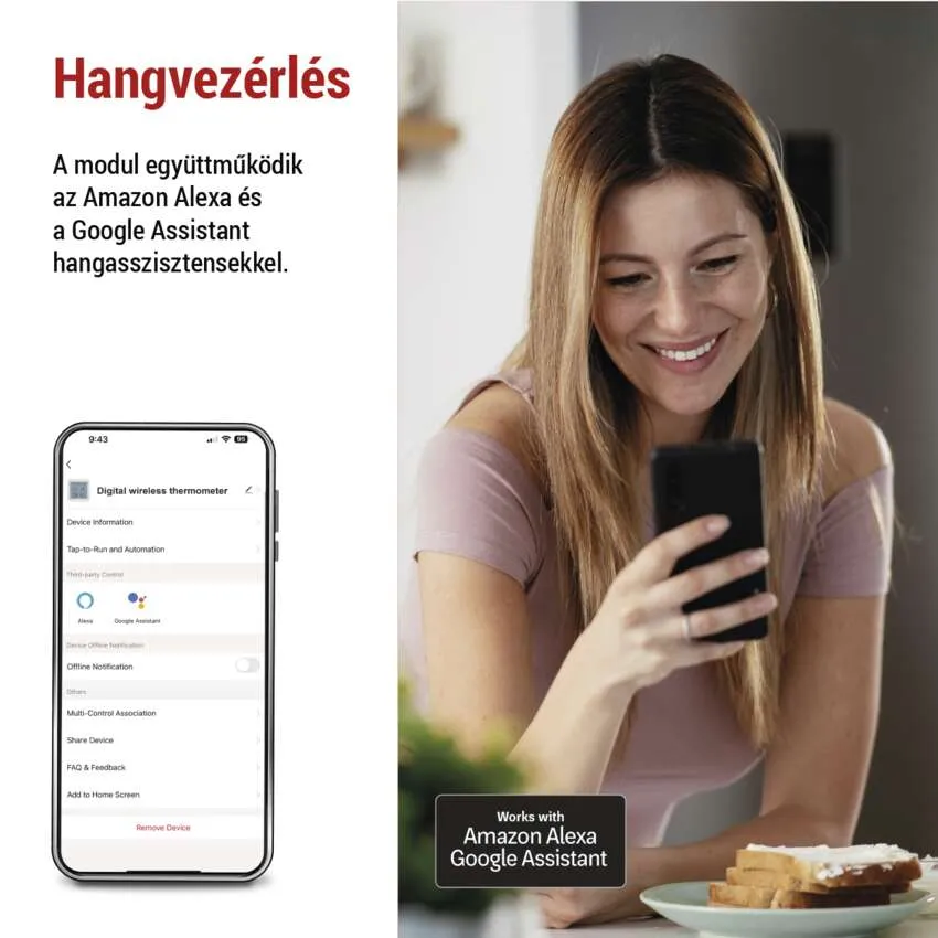 Nő okostelefont használ, a képernyőn a 'Hangvezérlés' és a 'Works with Amazon Alexa Google Assistant' felirat.