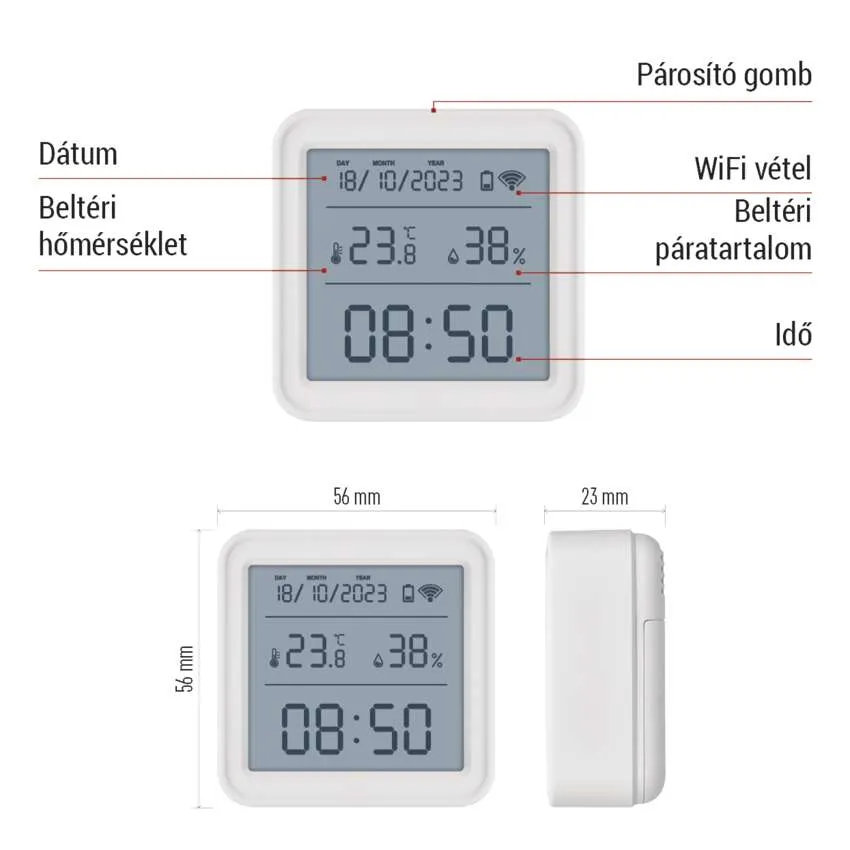 Fehér készülék képernyővel és mérésekkel.