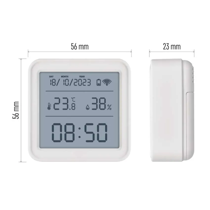 Fehér digitális kijelző dátumot, hőmérsékletet, páratartalmat és időt mutat. Méretek: 56x56x23mm. A készülék fehér, négyzet alakú.