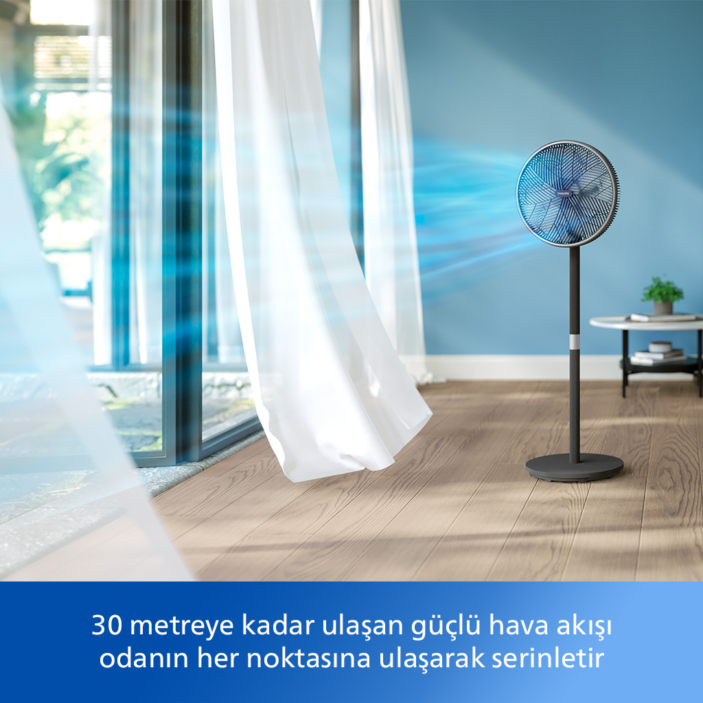 Siyah bir fan hava üflüyor. Solda beyaz perdeler var.