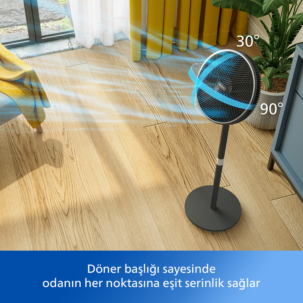 Ahşap zeminde siyah ayaklı vantilatör. Fan başlığı döndürülmüş. Mavi yaylar 30 ve 90 dereceyi gösterir. Bitki.