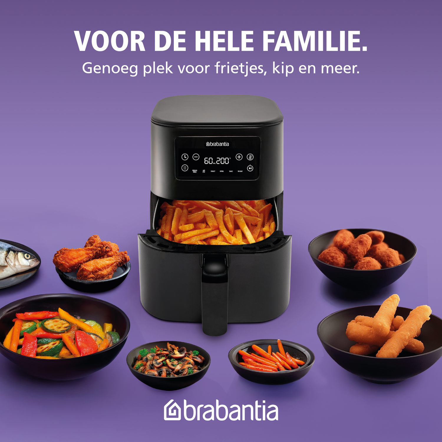 Airfryer met voedselmonsters eromheen. Paarse achtergrond, tekst bovenaan.