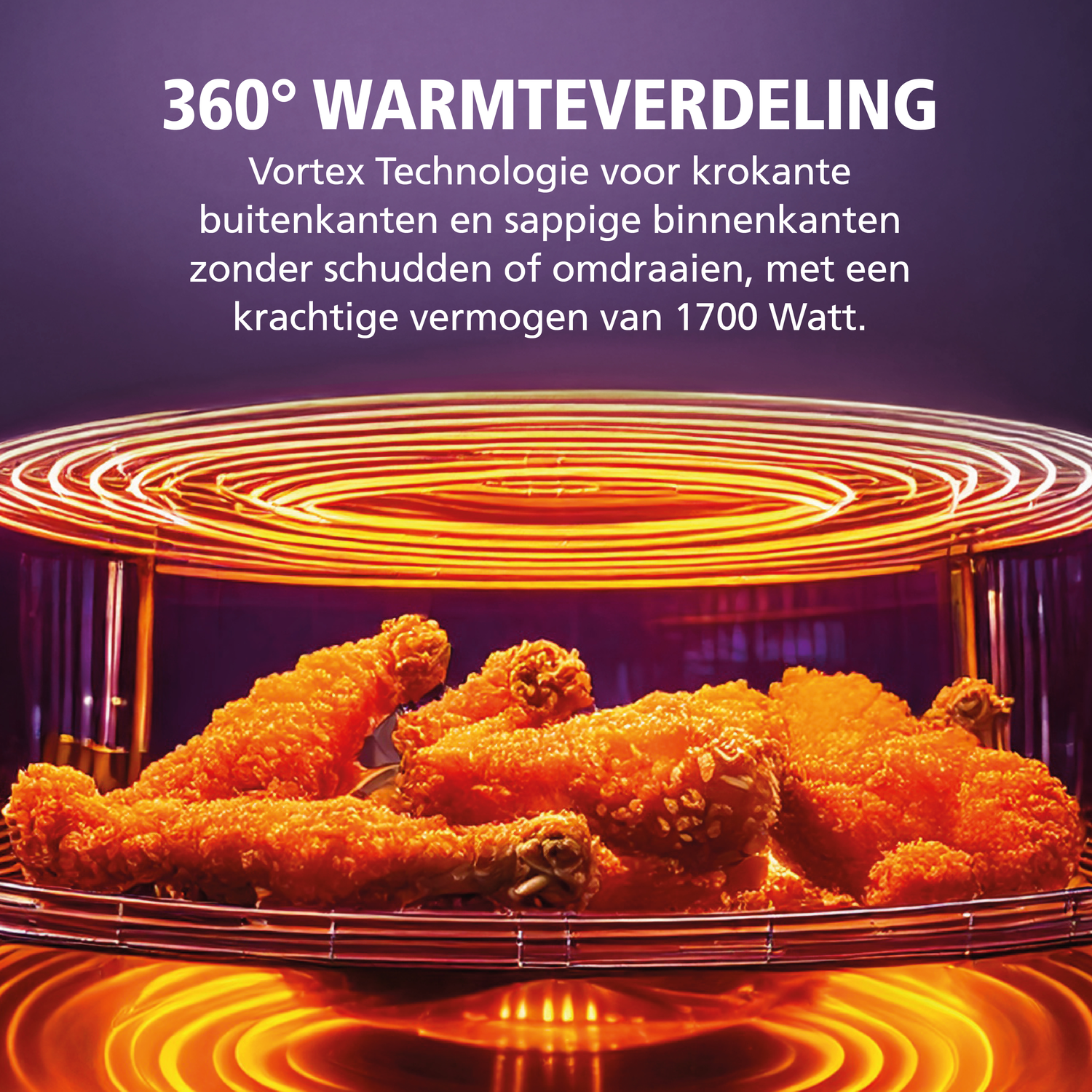 Kipstukken in airfryer. Verwarmingselement zichtbaar bovenaan.