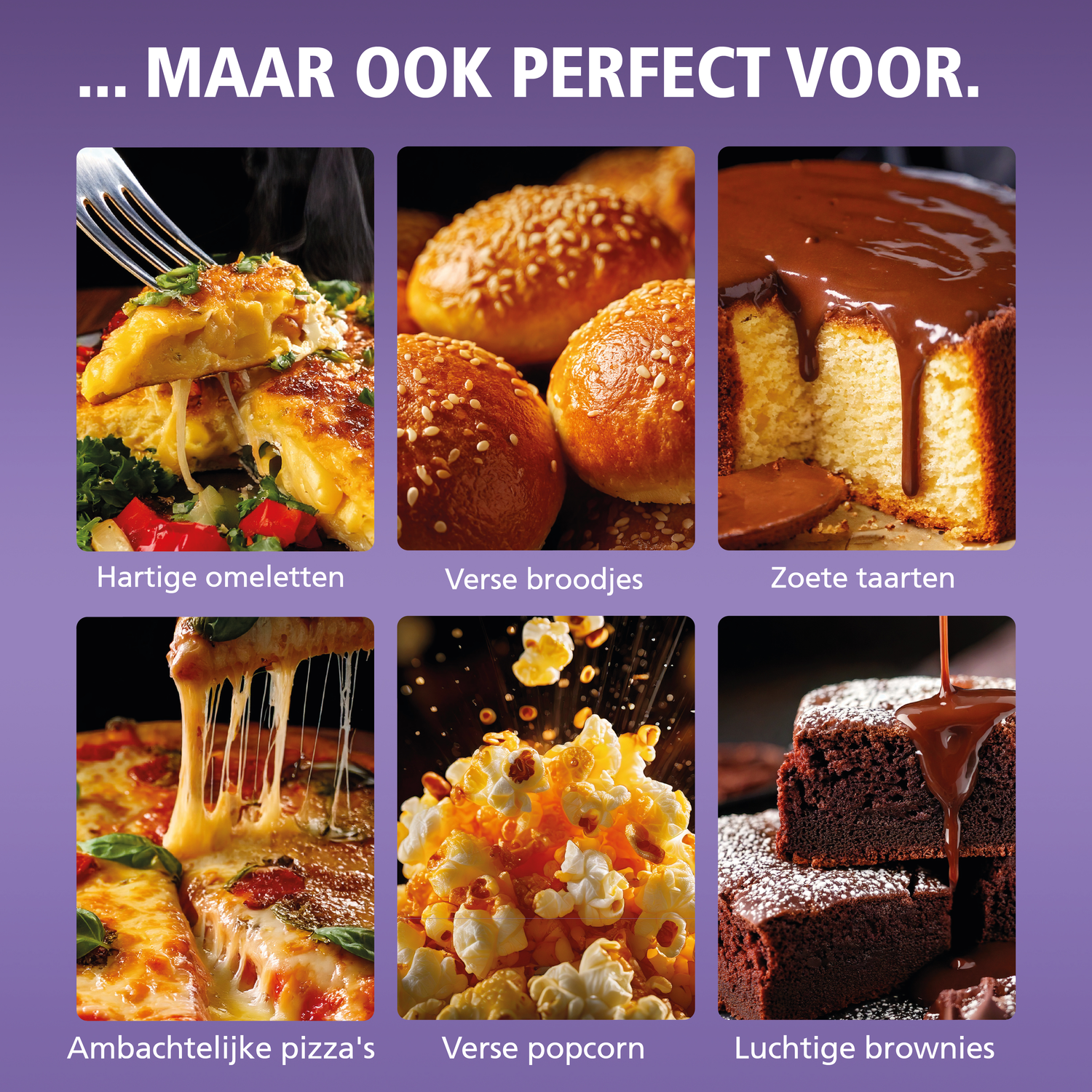 Diverse voedingsmiddelen: omeletten, broodjes, taarten, pizza, popcorn en brownies.