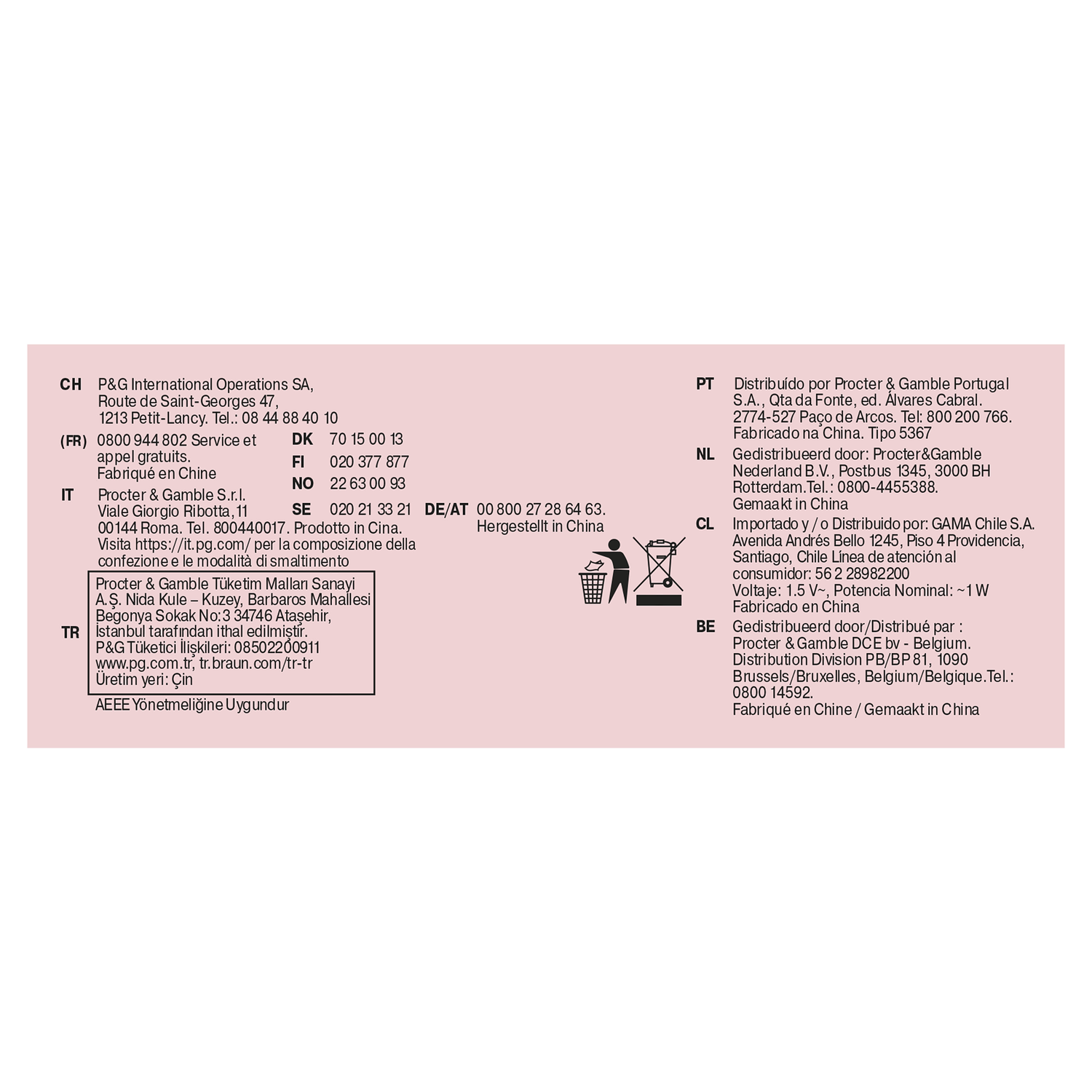 Small print with contact information and recycling instructions for a product.