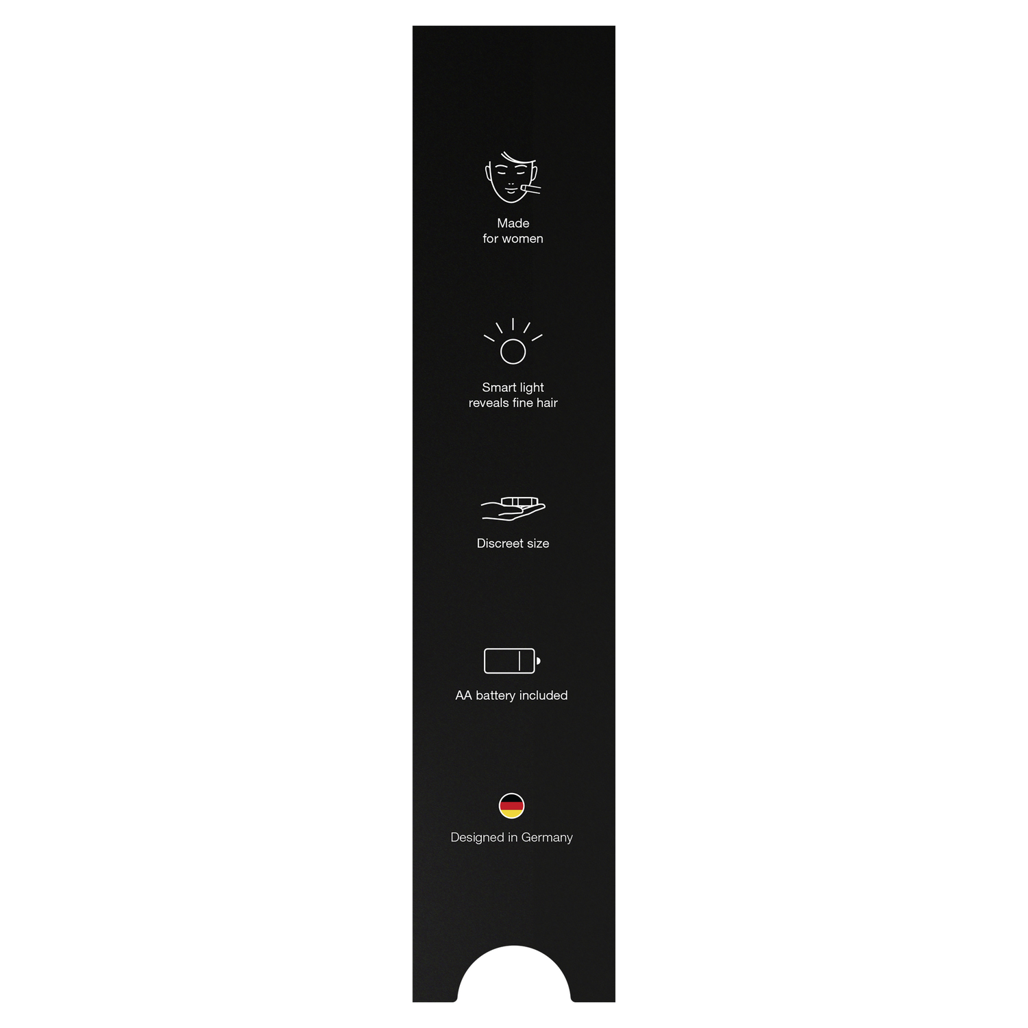 Black panel with icons and text: 'Made for women', 'Smart light reveals fine hair', 'Discreet size'.