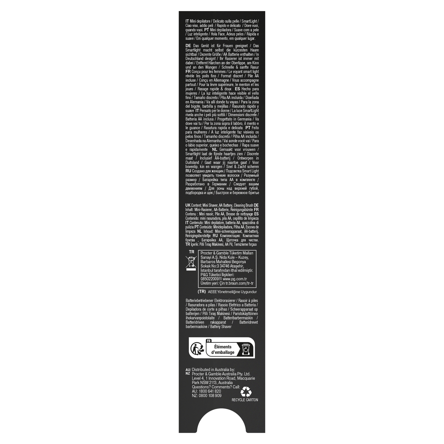 Small print with multiple language translations and recycling instructions for a beauty product.