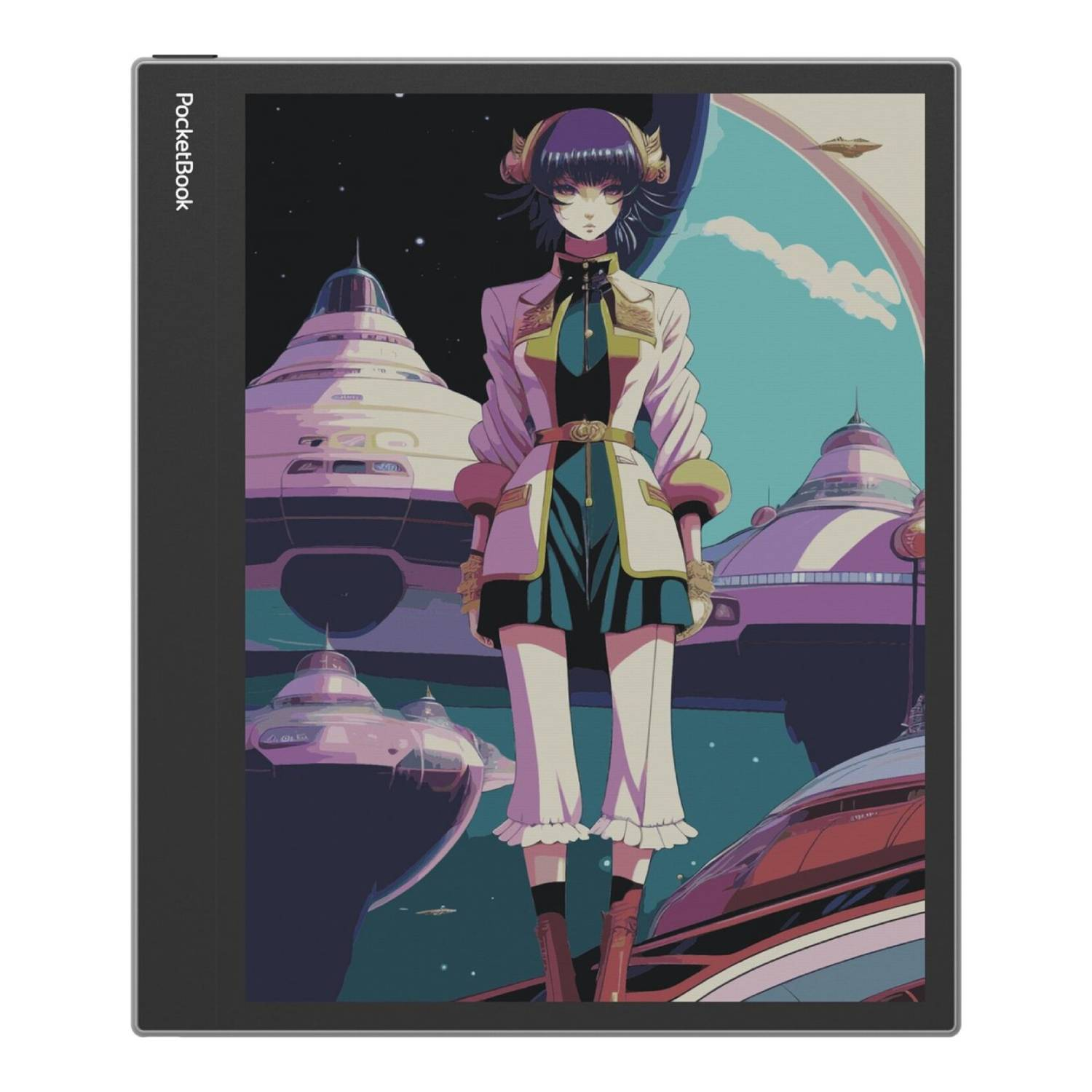Un personnage d'anime se tient sur un écran de tablette numérique, devant des bâtiments futuristes.