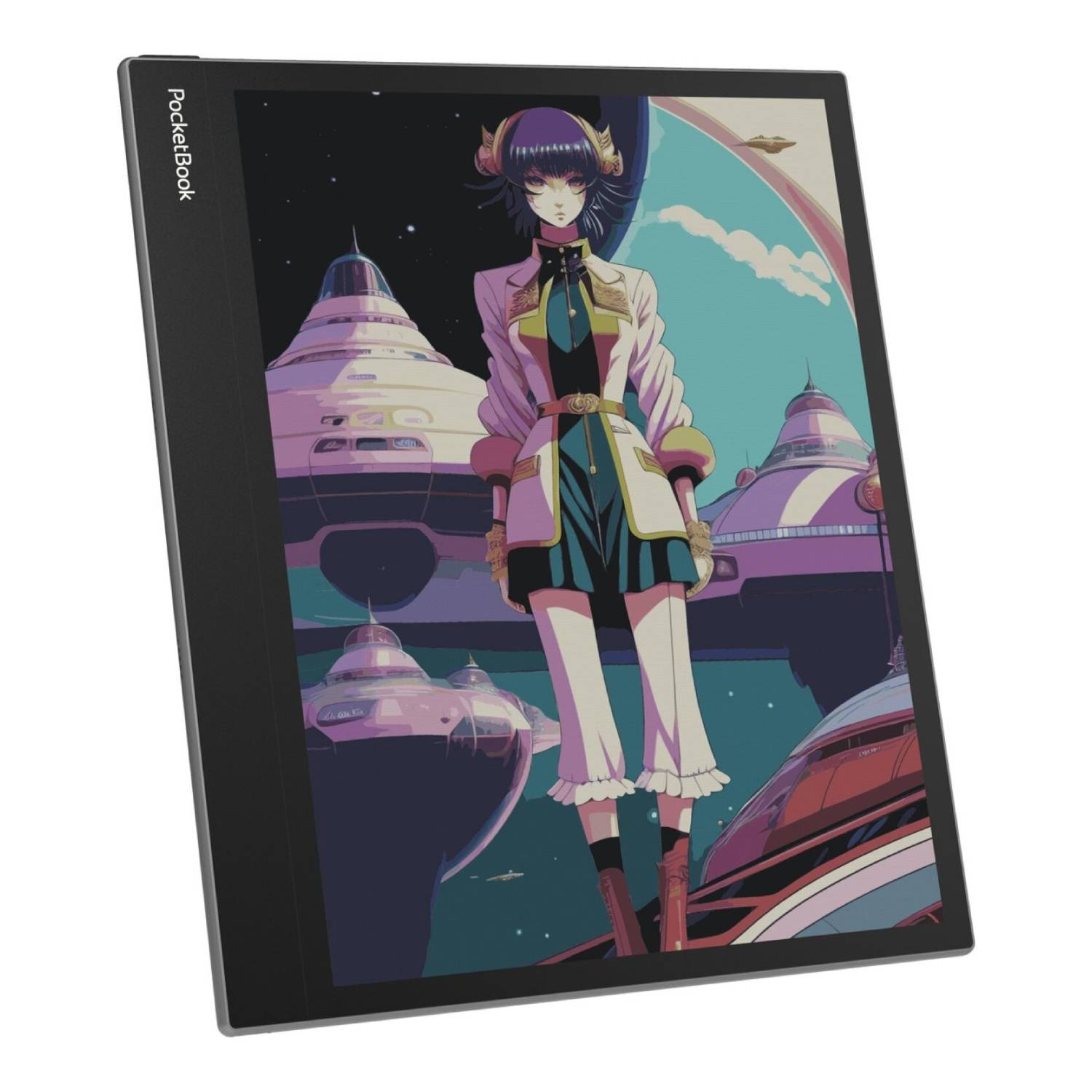 Un personnage d'anime se tient sur un écran de tablette numérique, devant des bâtiments futuristes.