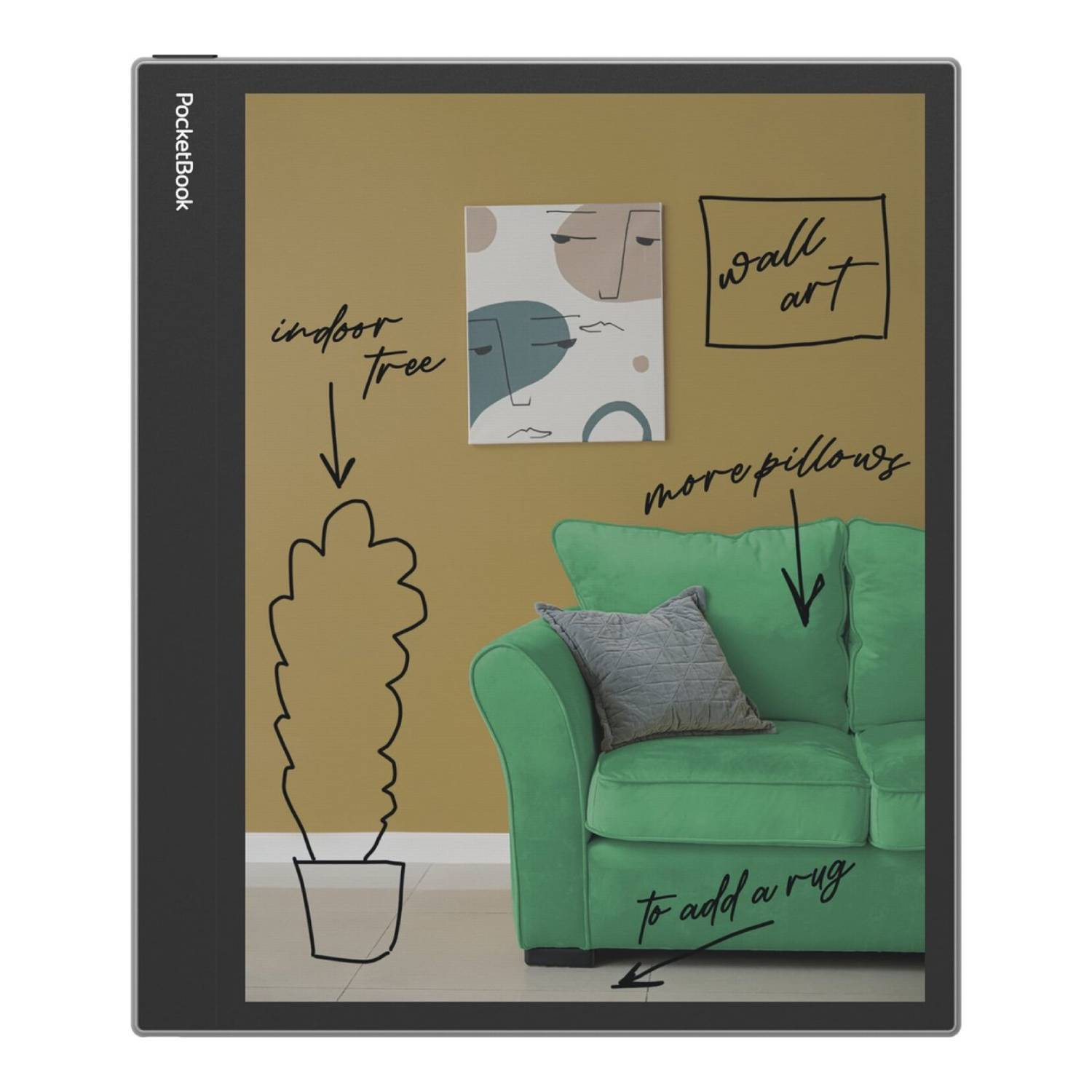 Une tablette numérique montre une pièce avec un canapé vert, de l'art et un arbre d'intérieur. Des flèches pointent vers eux.