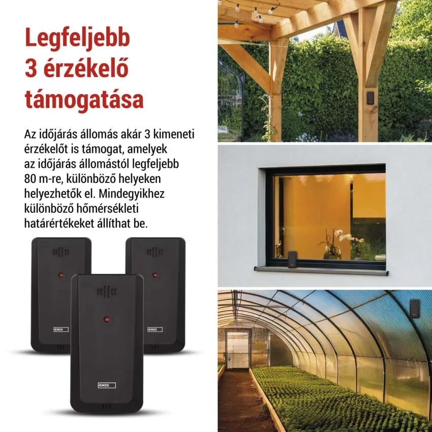Három fekete érzékelő különböző kültéri helyeken: pergola, ablak, üvegház.