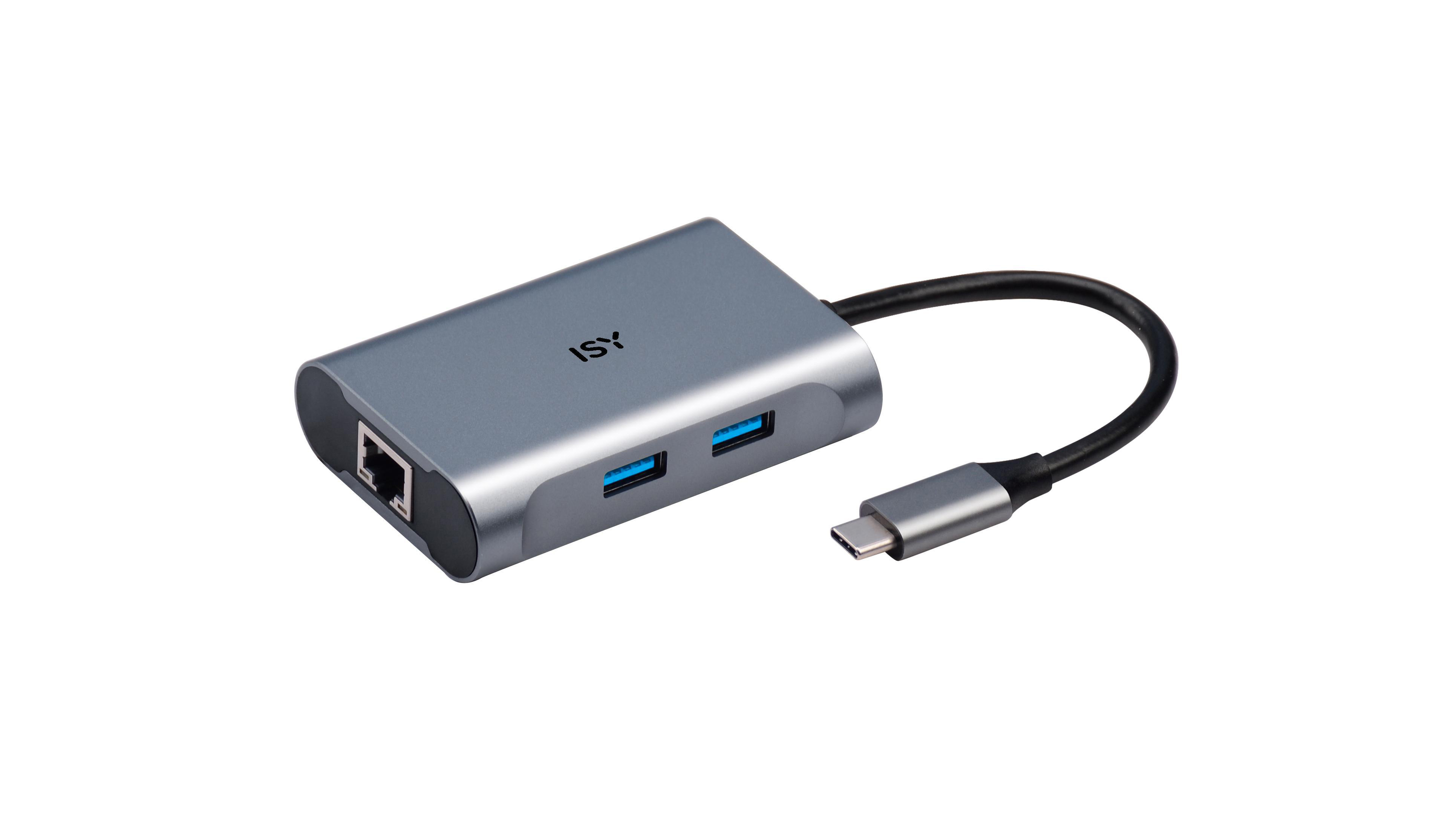 Szary hub USB-C z portami Ethernet i USB.