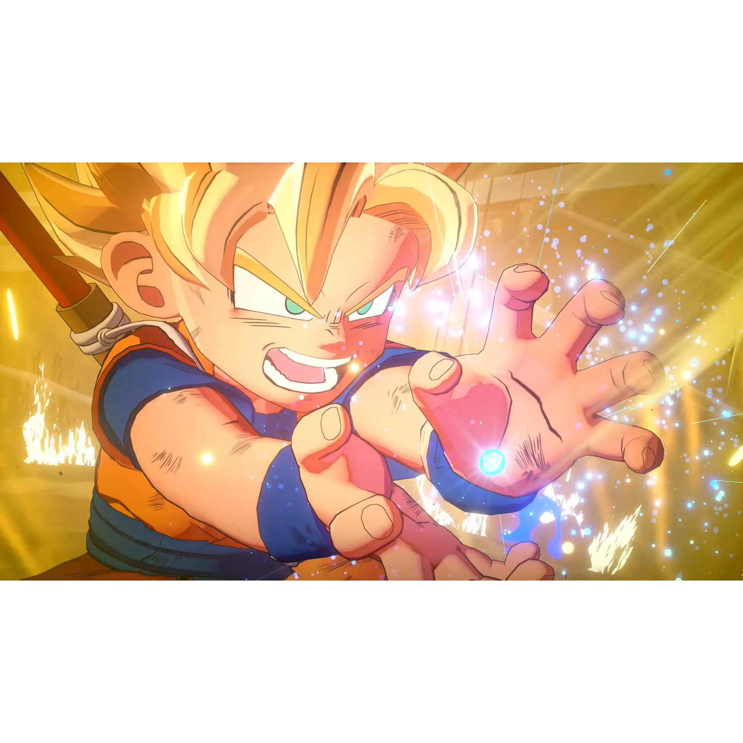 Jonge Goku bereidt een straalaanval voor. Zijn hand is uitgestrekt en gloeit. Cartoonstijl.