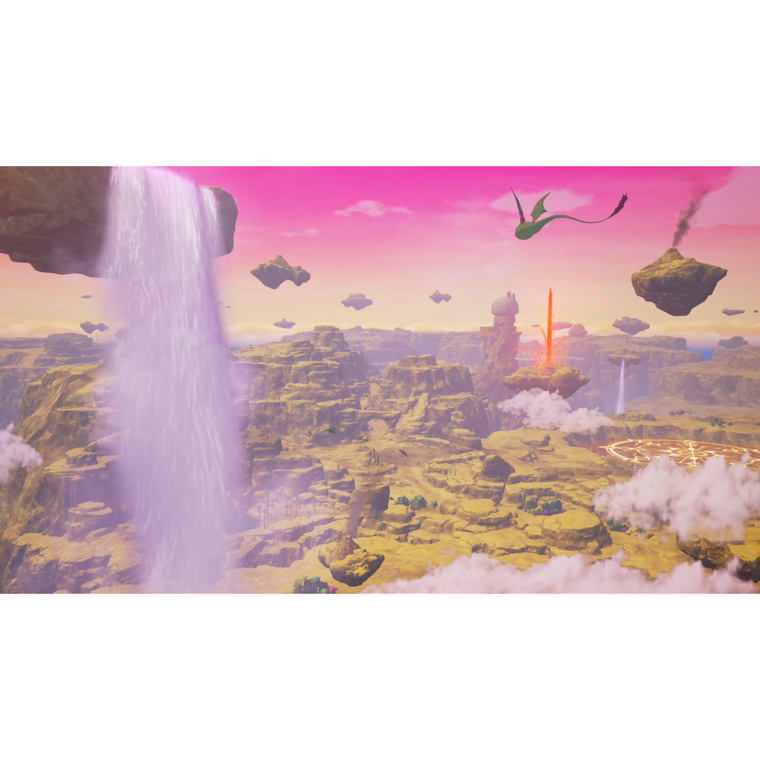 Een landschap met watervallen en zwevende eilanden in een roze lucht. Cartoonstijl.