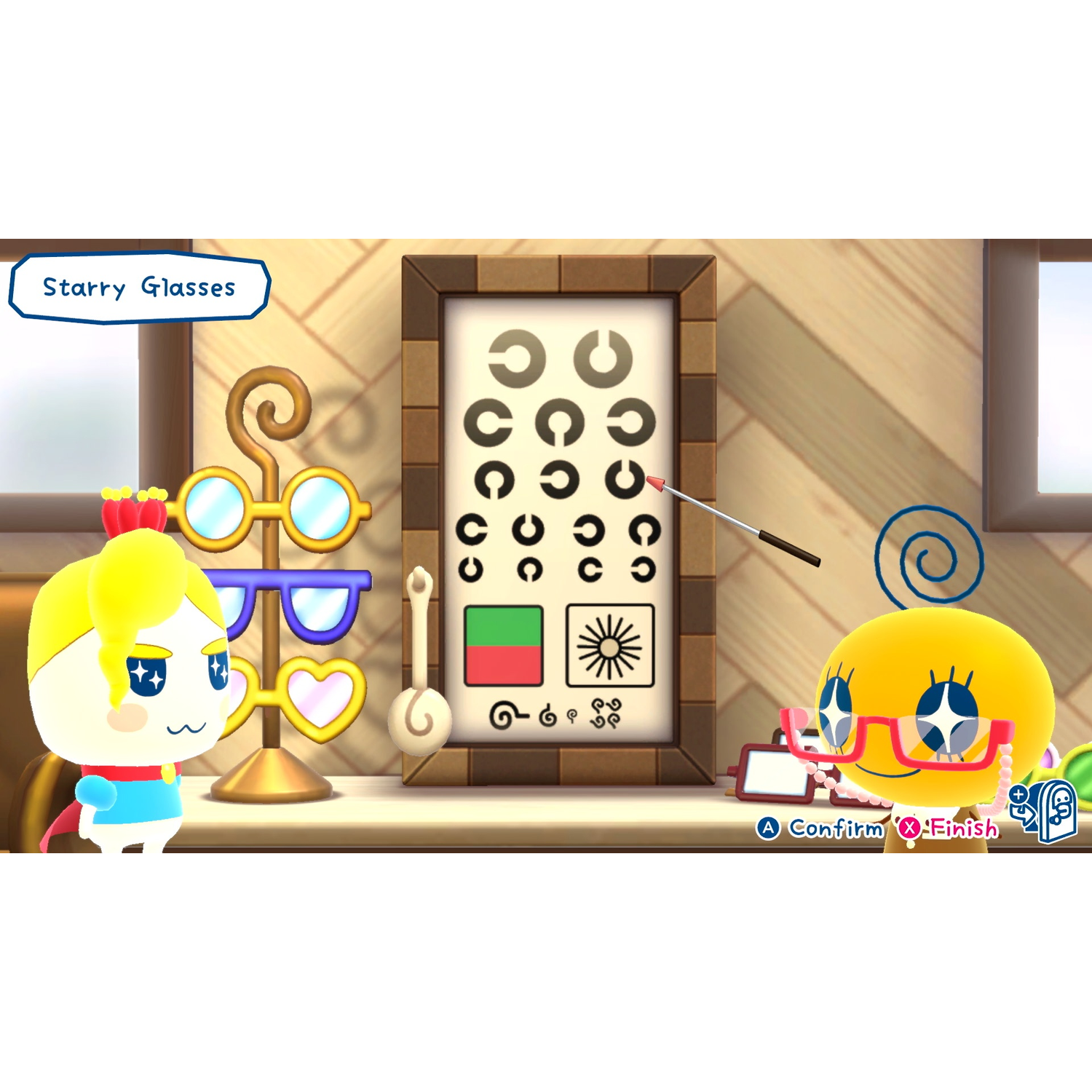 Yellow creature with glasses, eye chart in background, another character with glasses.