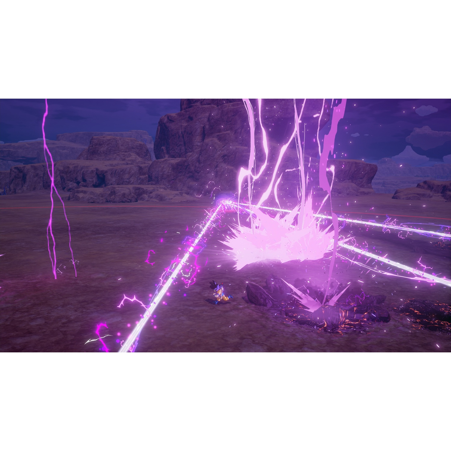Goku is fighting with an energy blast. Purple lightning is striking the ground. Rocky background.