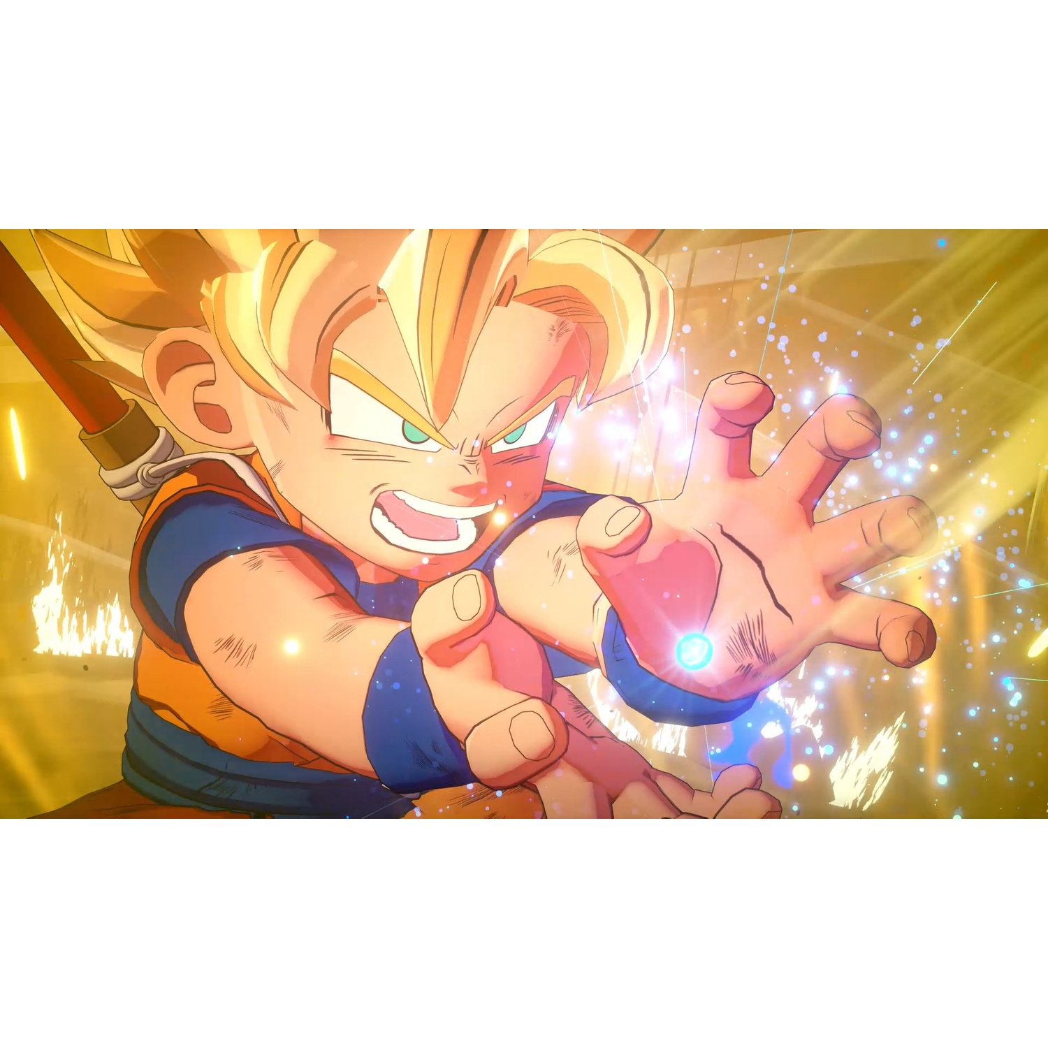Young Goku is launching an energy blast. The scene is golden with light.