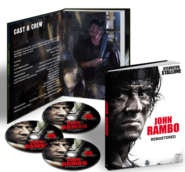 Rambo-Film-Box-Set mit DVDs, Buch und Coverbild von Sylvester Stallone.
