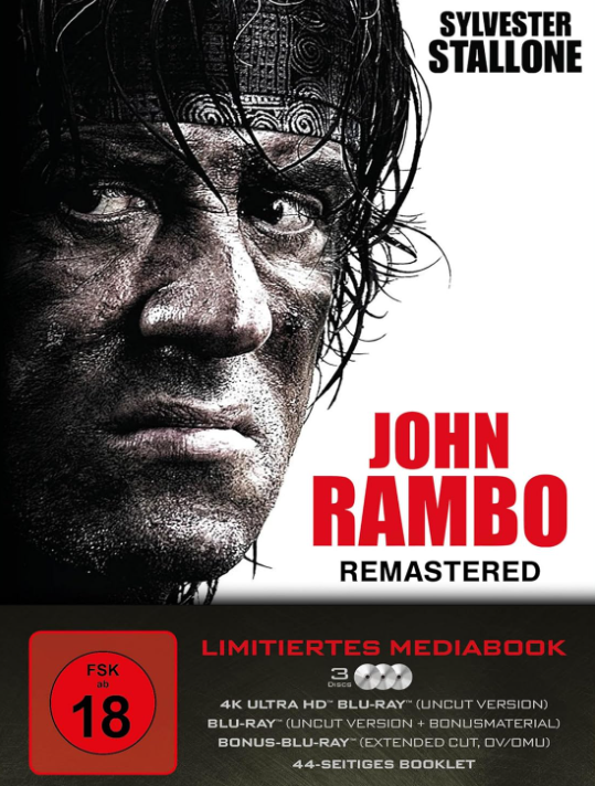 John Rambo remastered DVD-Cover mit Sylvester Stallone's Gesicht auf weißem Hintergrund.