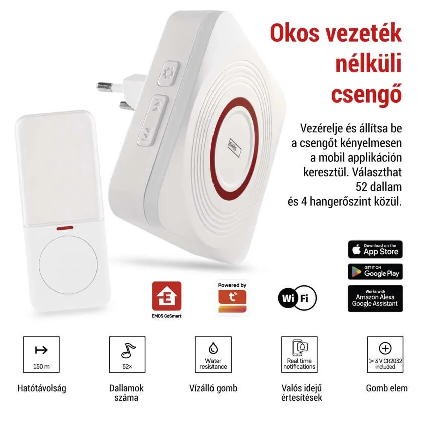 Okos vezeték nélküli csengő funkciókkal: hatótávolság, hangok, értesítések és akkumulátor.