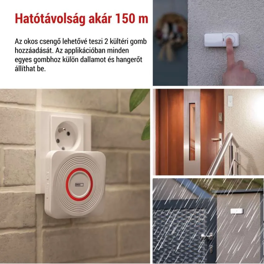 A képeken egy fehér csengő látható piros gyűrűvel. A csengő a fali aljzatba van dugva.