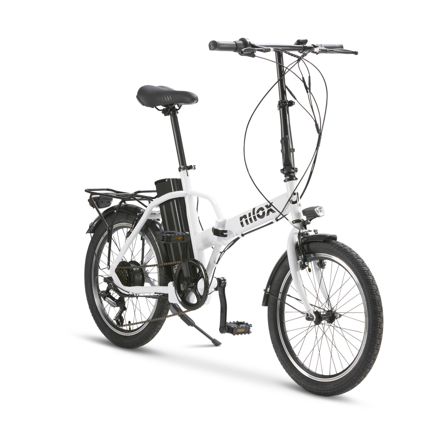 Bicicletta elettrica bianca e nera su sfondo bianco. Presenta sella, motore e ruote nere.
