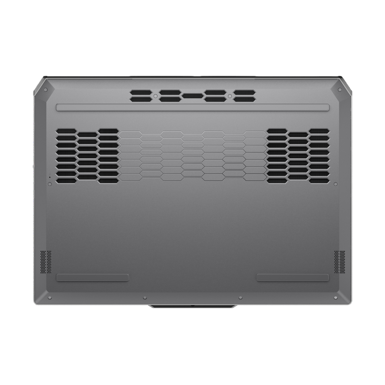 Unterseite eines grauen Laptops mit vielen Lüftungslöchern, auf schwarzem Hintergrund.