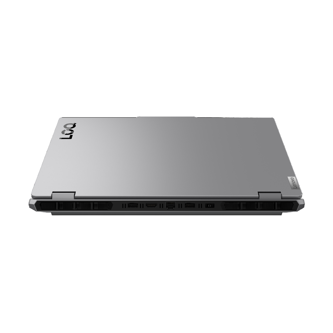 Silberner Laptop, offen, mit Anschlüssen und Lenovo-Logo, auf schwarzem Hintergrund.