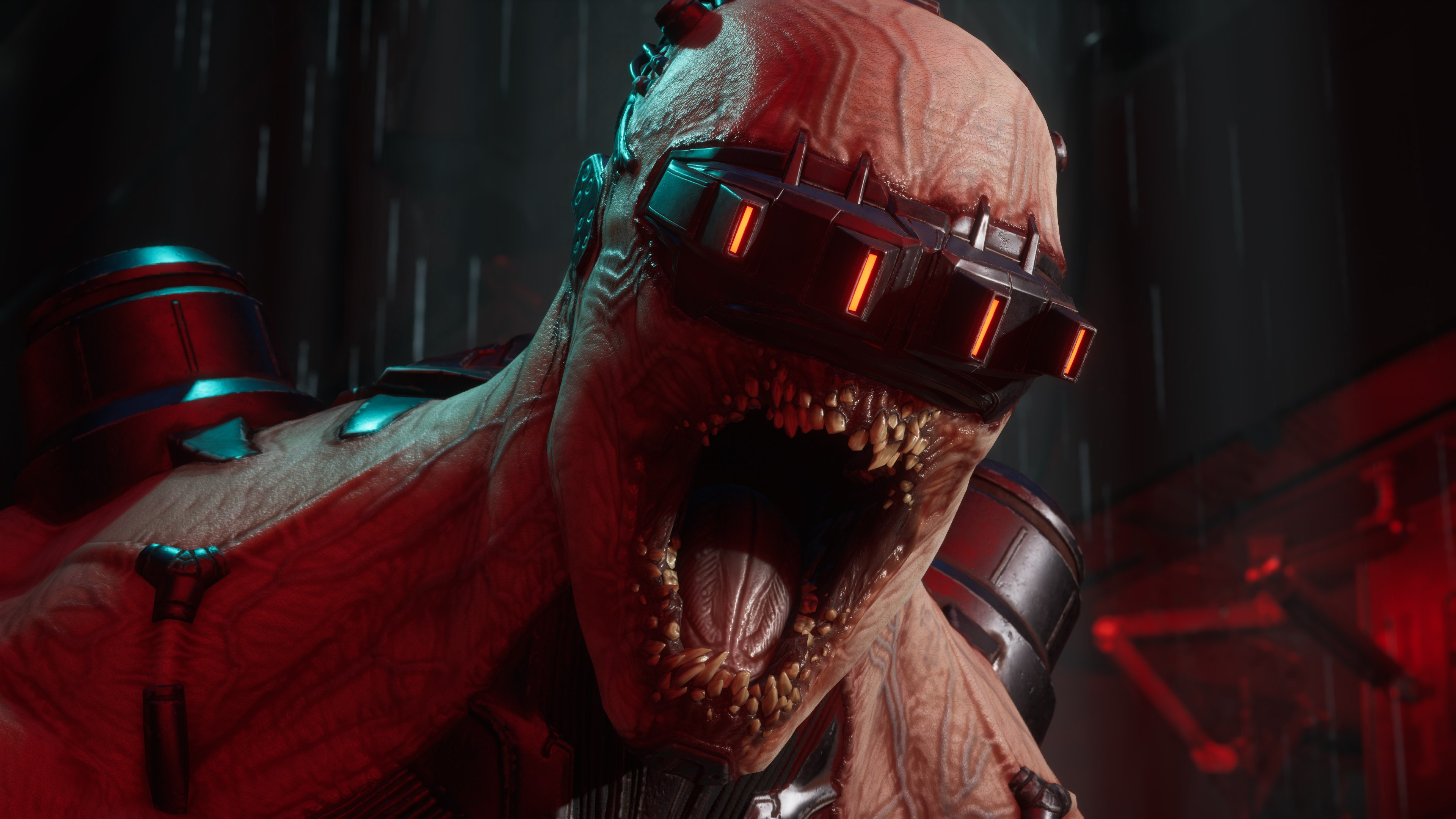 Gros plan sur le visage d'un zombie avec une bouche grande ouverte et des yeux rouges brillants, portant des lunettes.