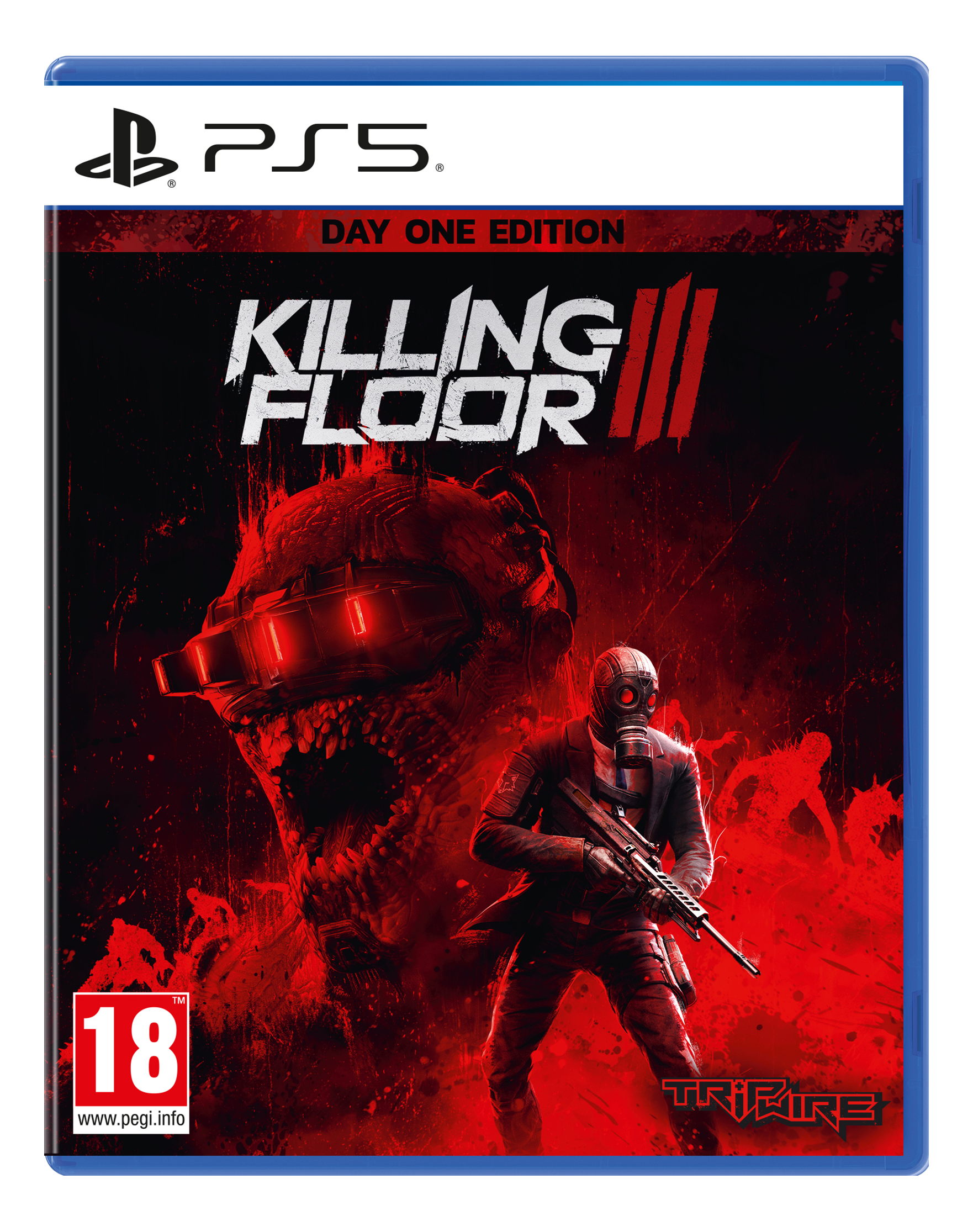 Killing Floor III-Spielcover. Ein Soldat mit Gasmaske steht mit einer Waffe. Ein Monster ist im Hintergrund.