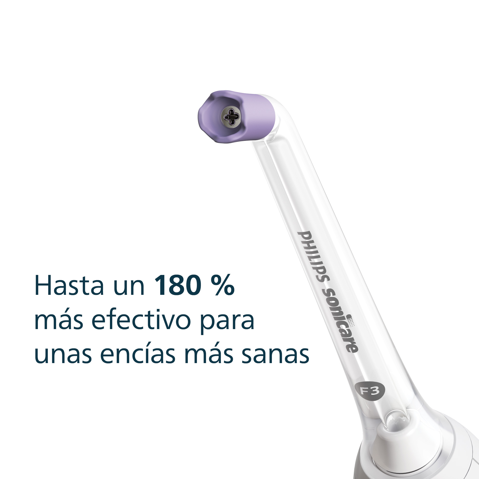 Primer plano del cabezal de un cepillo de dientes Philips Sonicare. Texto: "Hasta un 180% más efectivo para unas encías más sanas".