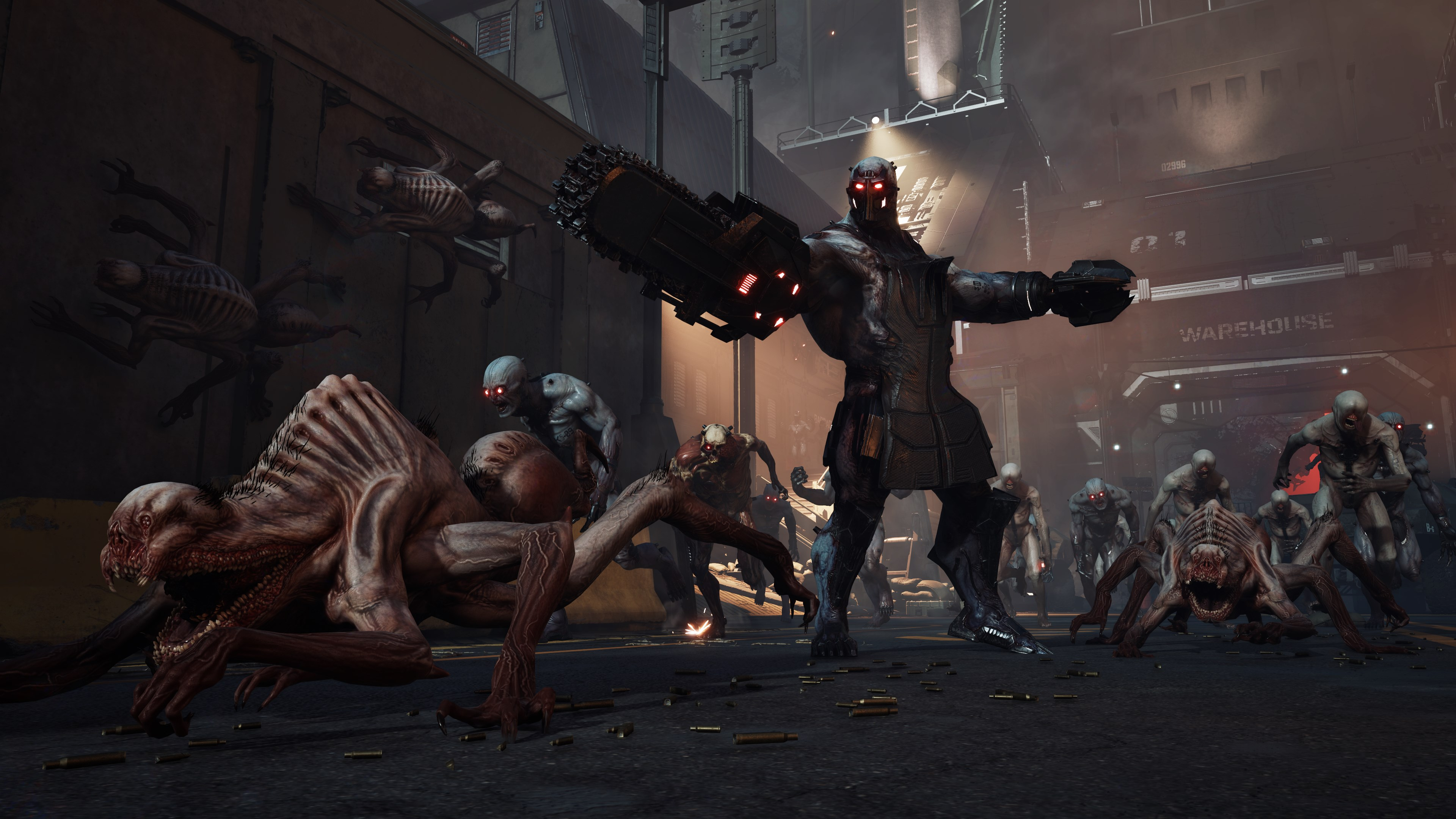 Ein großes Monster mit Kettensägenarm führt eine Zombiehorde in einem Industriegebiet an, Nachtszene.