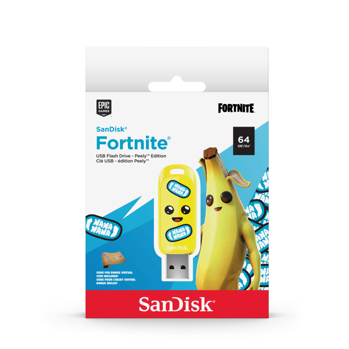 Embalaje de la unidad USB de Fortnite. Diseño de plátano amarillo.
