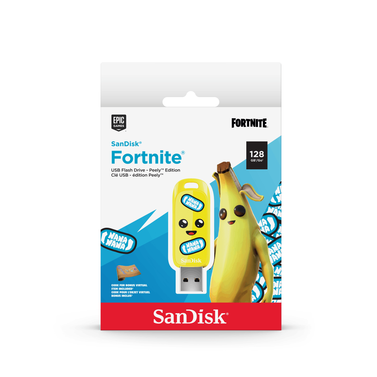 Una caja con una unidad USB amarilla con cara de plátano. La caja muestra el logotipo de Fortnite y las palabras SanDisk.