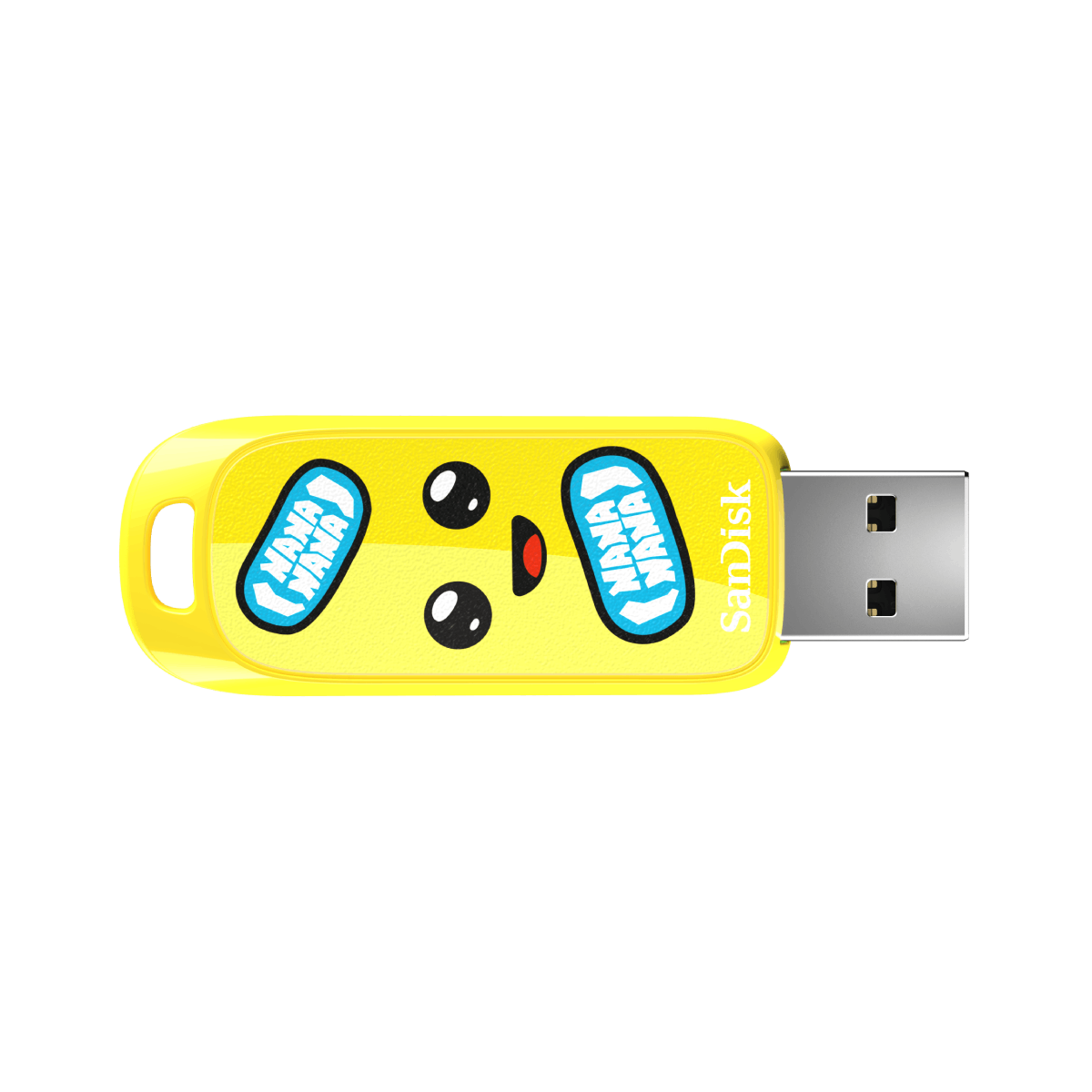 Una unidad USB amarilla con cara de plátano. El diseño tiene dos pegatinas Nana Nana y el logotipo de SanDisk.