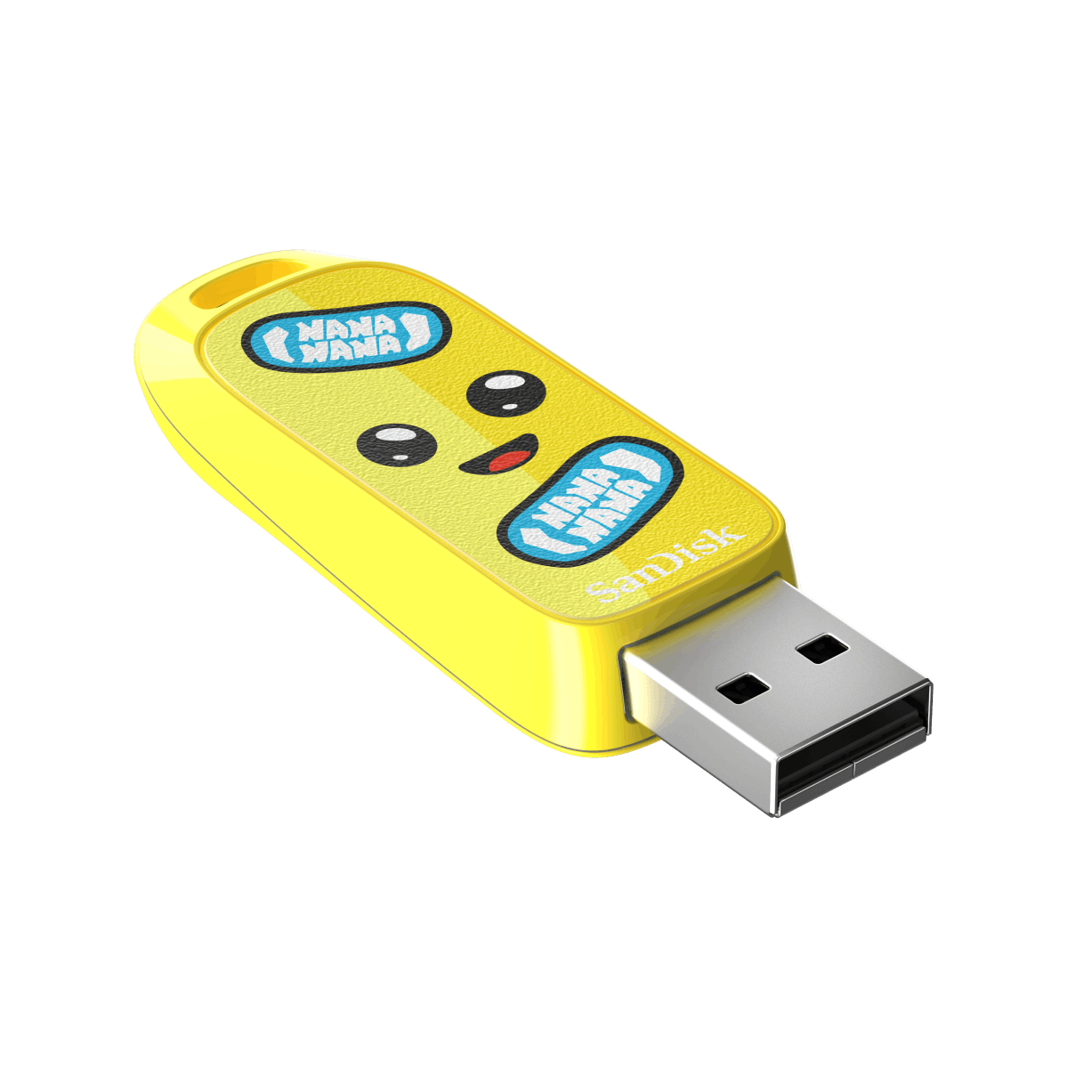 Una unidad USB amarilla con cara de plátano. El diseño tiene dos pegatinas Nana Nana y el logotipo de SanDisk.