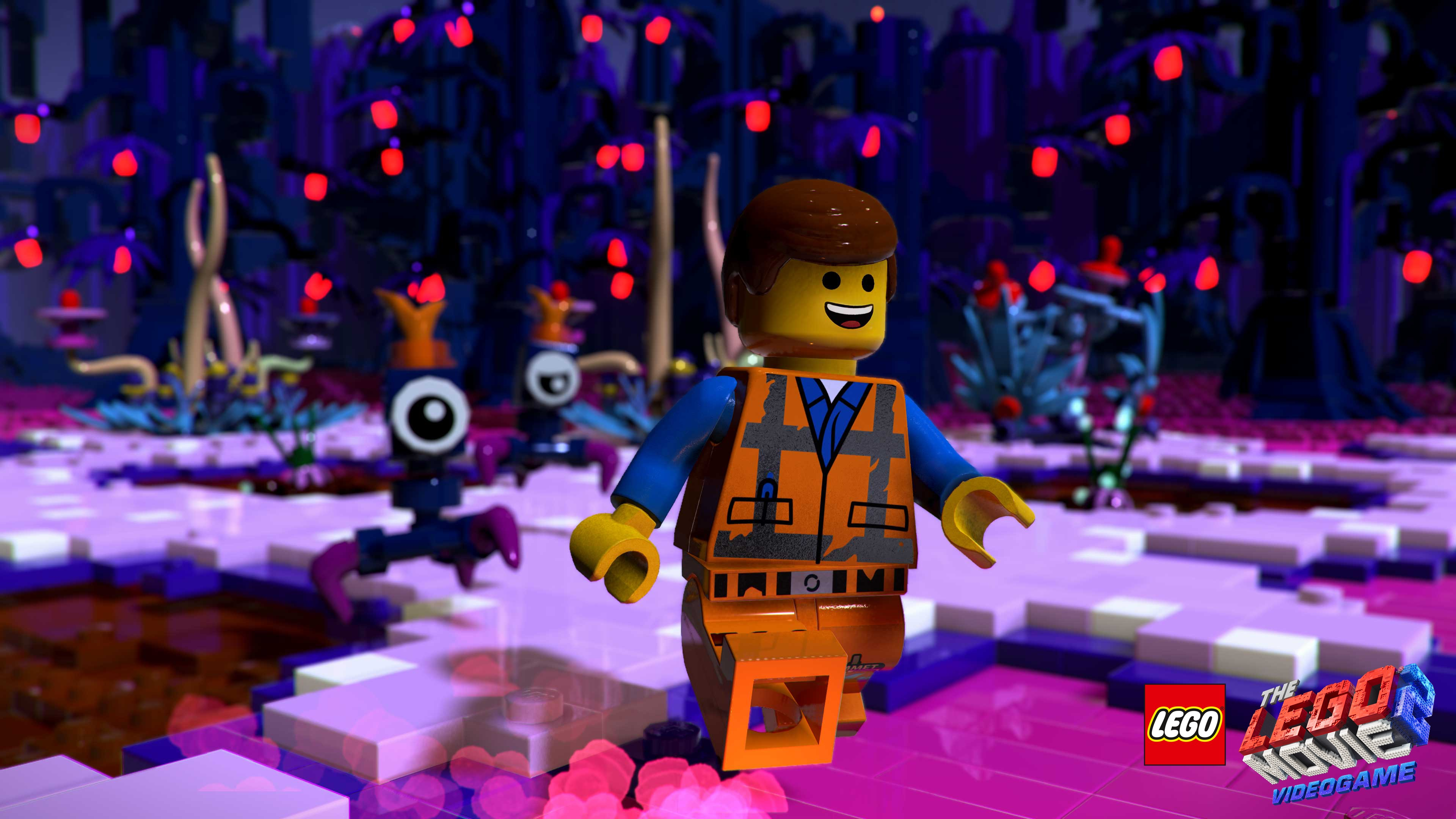 Personaggio Emmet Lego in un paesaggio viola alieno con altre figure Lego.