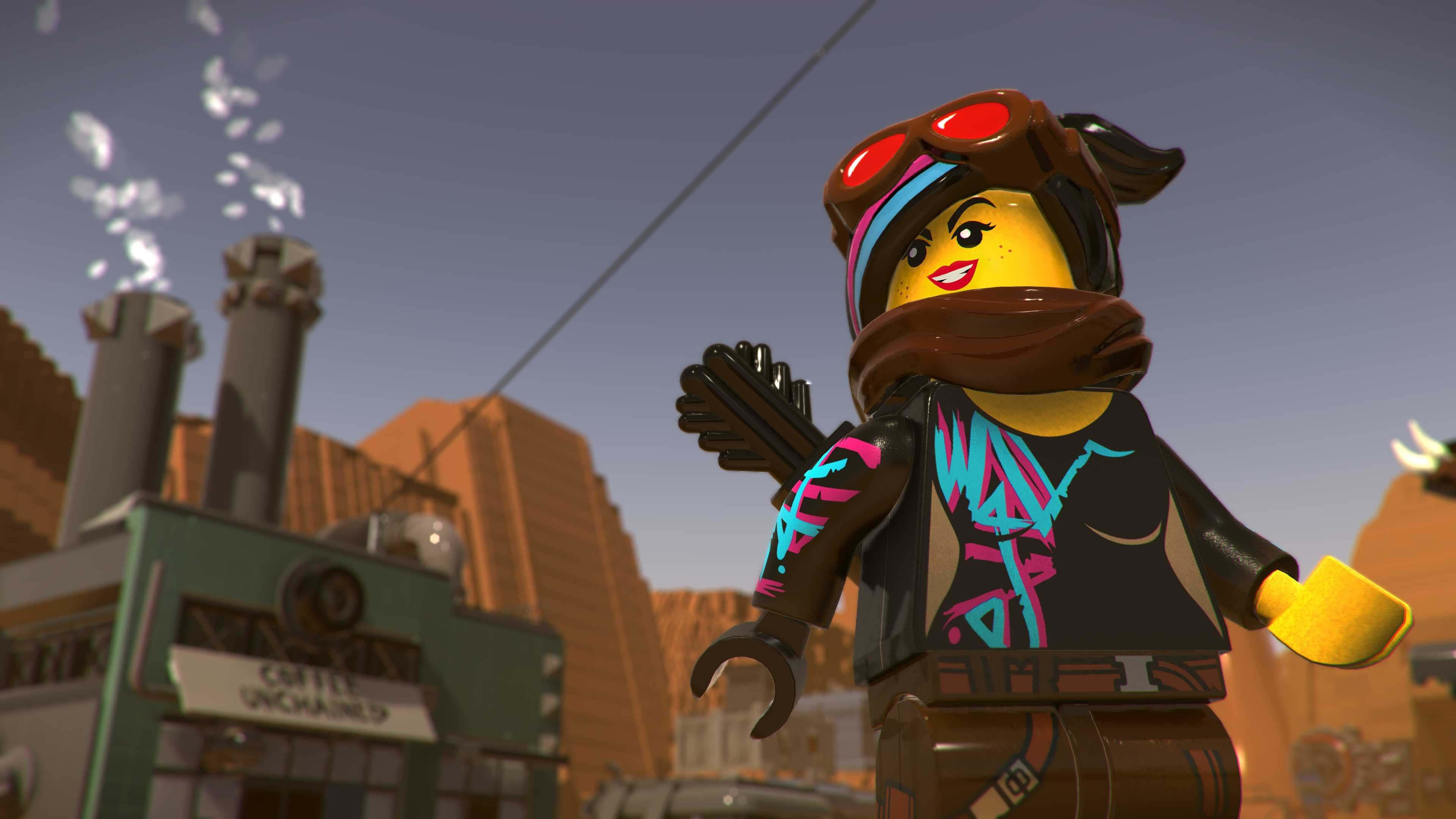Personaggio Lego con sfondo di paesaggio urbano, con edifici e altre strutture.