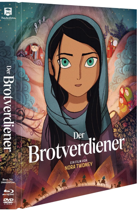 DVD-Cover des Animationsfilms 'The Breadwinner'. Ein Mädchen mit blauem Hijab ist auf dem Cover.