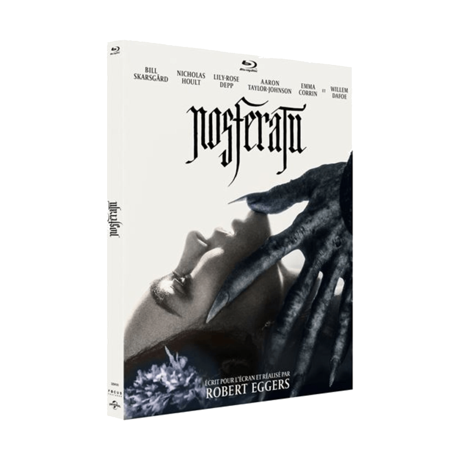Image de couverture du film : Titre "Nosferatu" avec les noms des acteurs, une main avec de longs ongles.