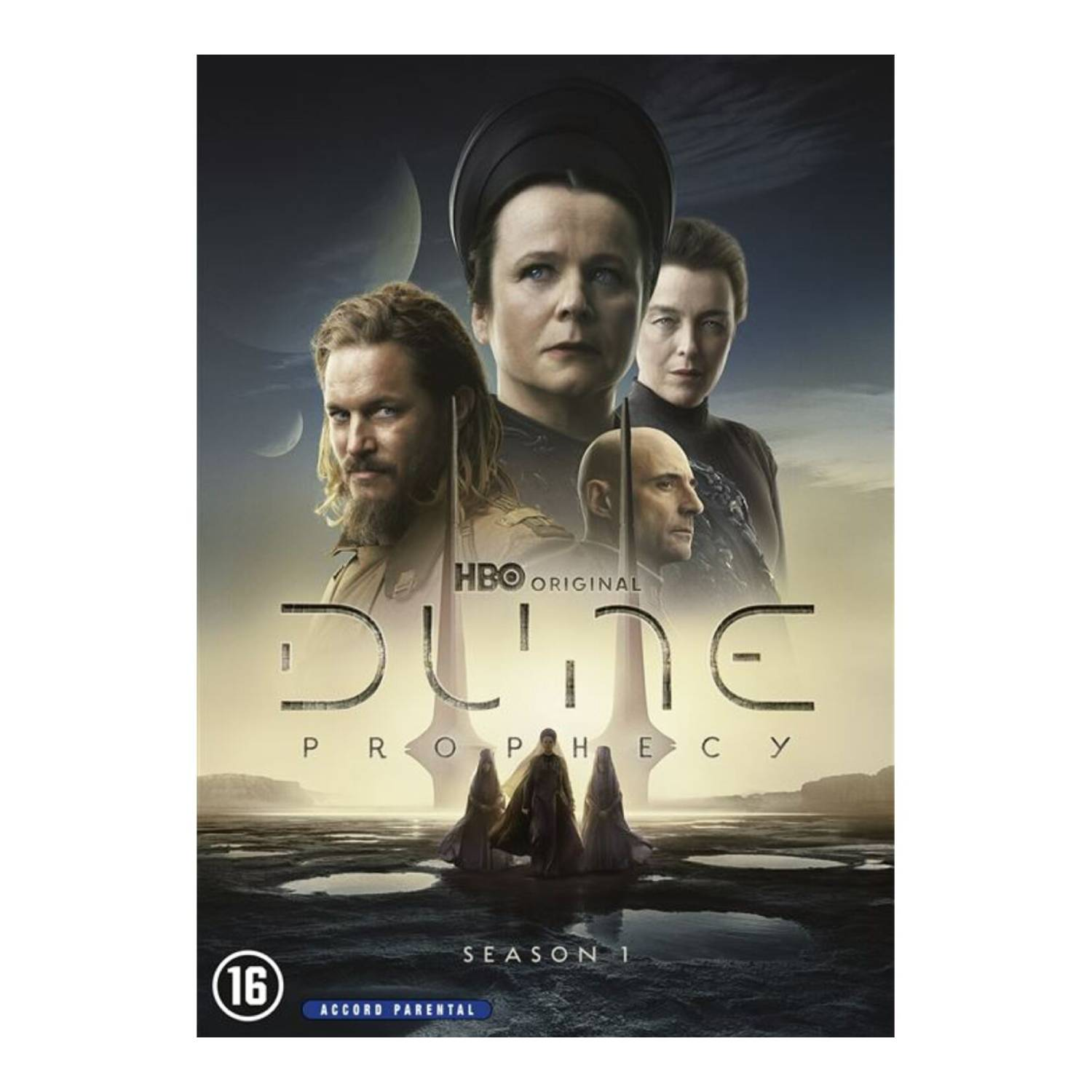 Affiche : "Dune Prophecy" avec les visages des acteurs, fond sombre avec des planètes et des figures.