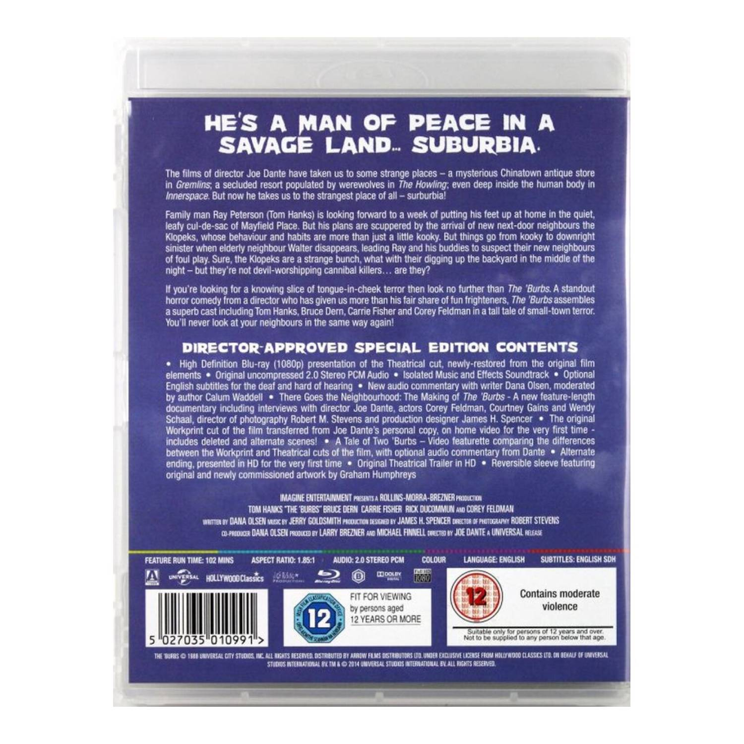 Back of The Burbs Blu-ray. Text about the movie, a suburban setting, and special edition contents.