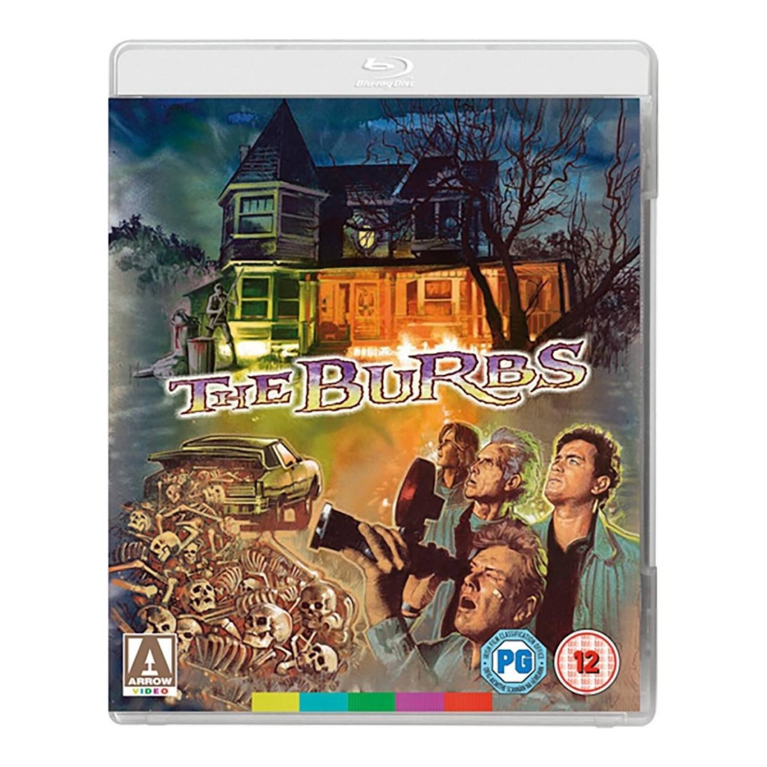 The Burbs Blu-ray cover. People looking at a house, a car, and skeletons. Arrow Video logo.