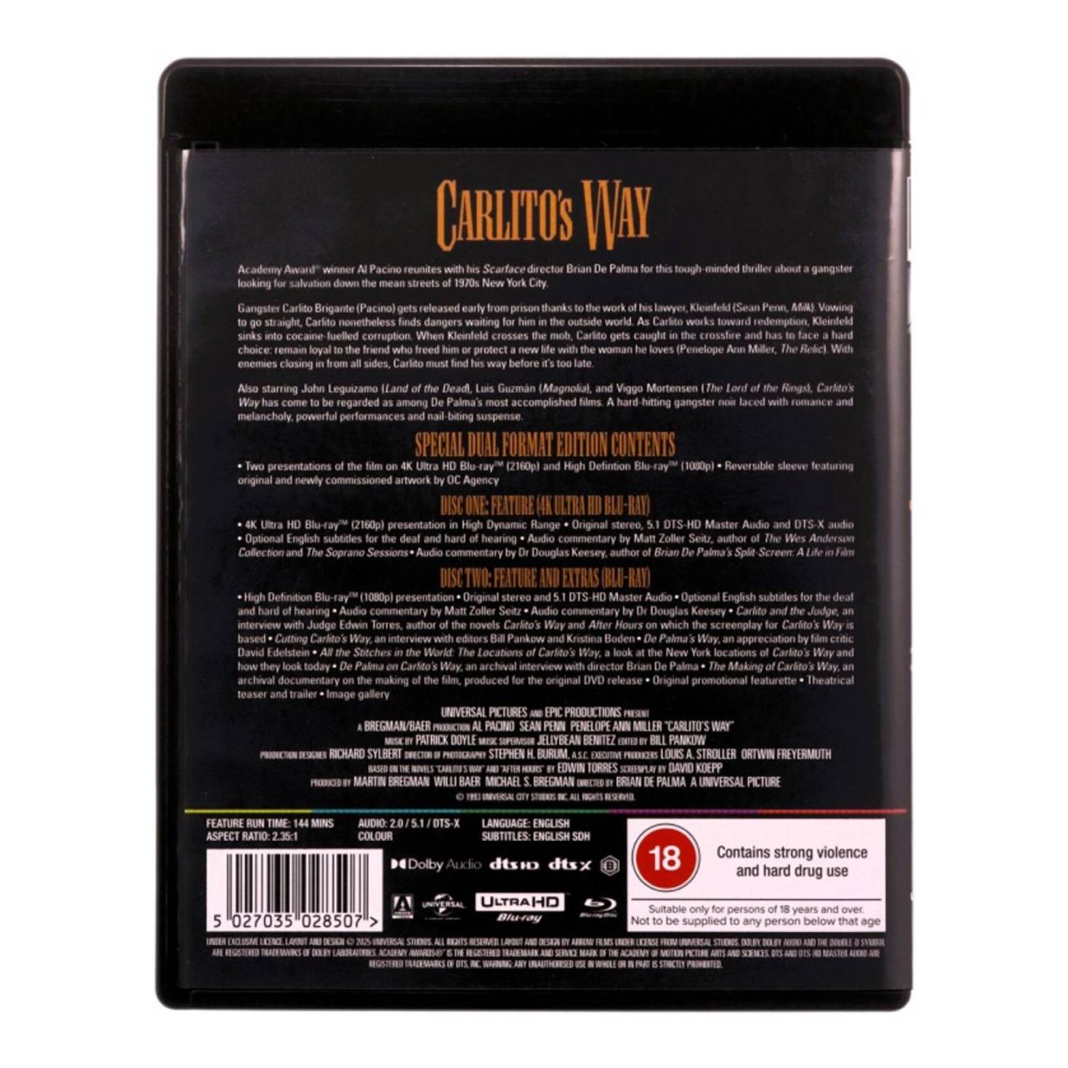 Achterkant van Carlito's Way Blu-ray. Tekst over de film, speciale functies en de classificatie.
