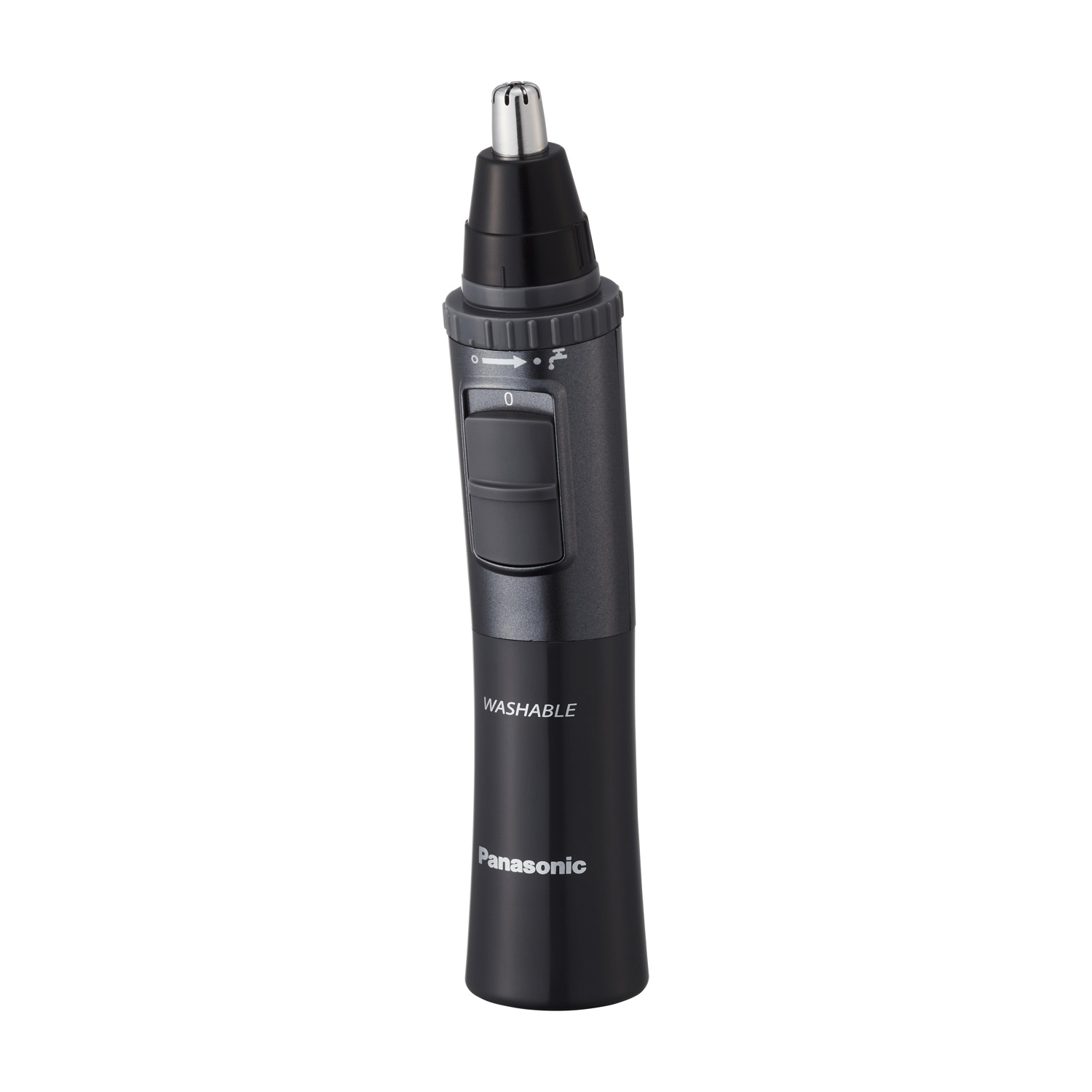 Un tagliacapelli nasale Panasonic nero, lavabile, verticale, inclinato, con sfondo bianco.