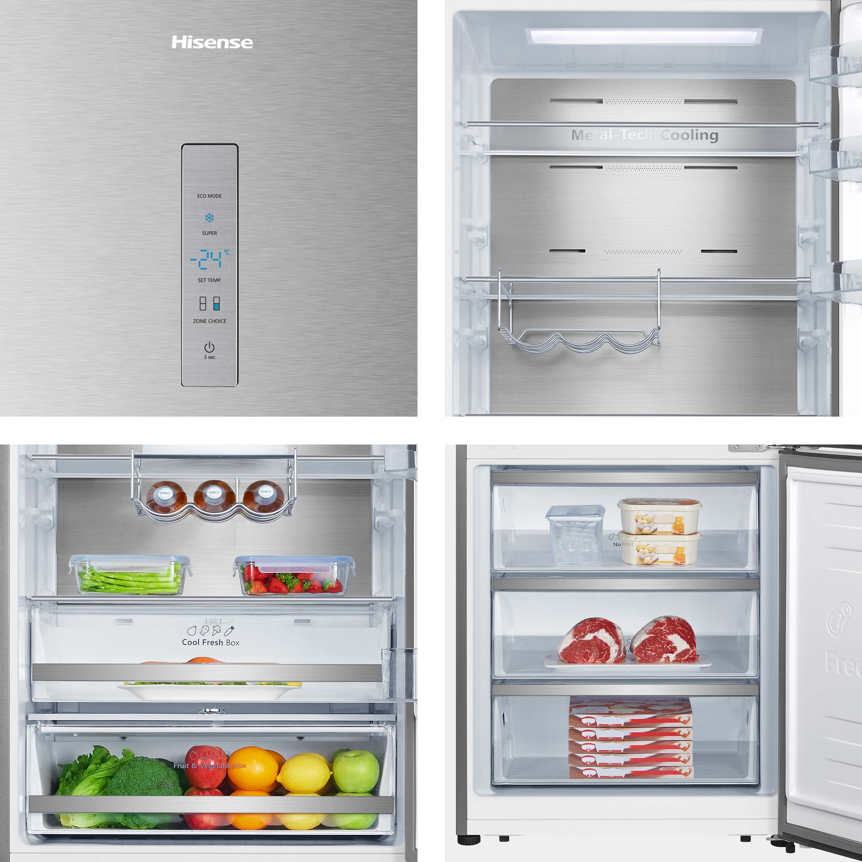 Imágenes del interior del refrigerador Hisense: enfriamiento Metal-tech, estantes con comida.