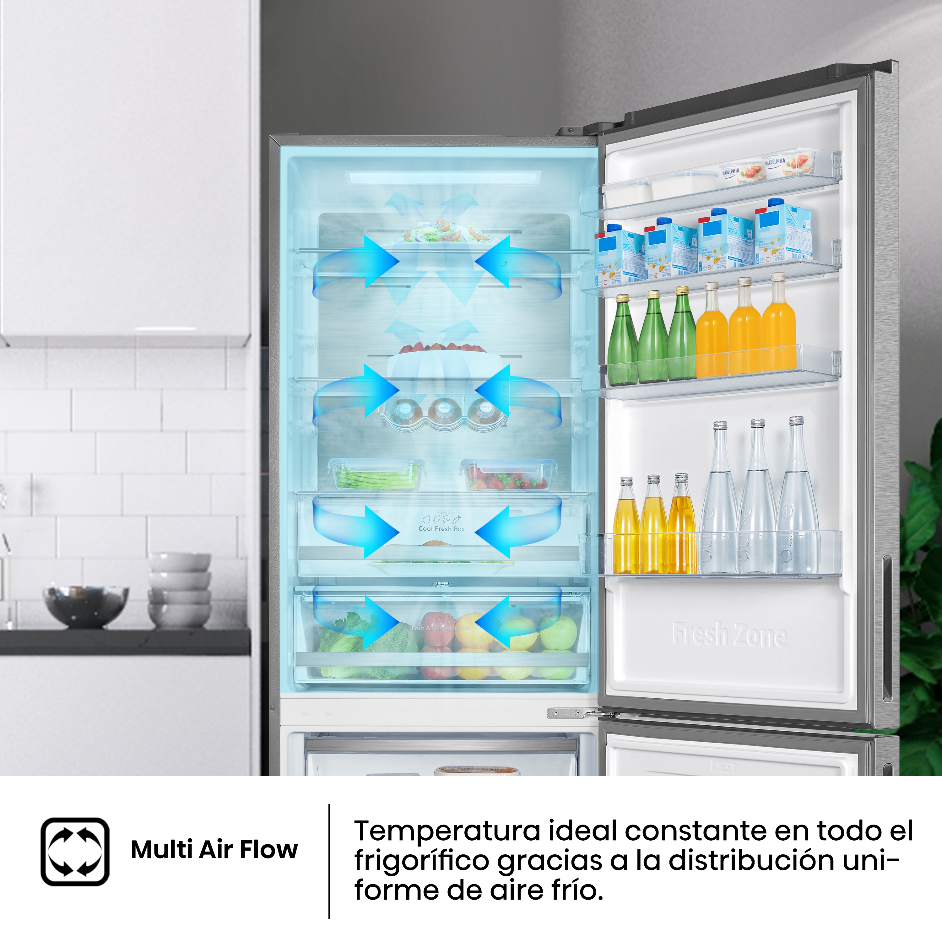 Multi Air Flow: Interior del refrigerador con flechas de flujo de aire, estantes y alimentos.