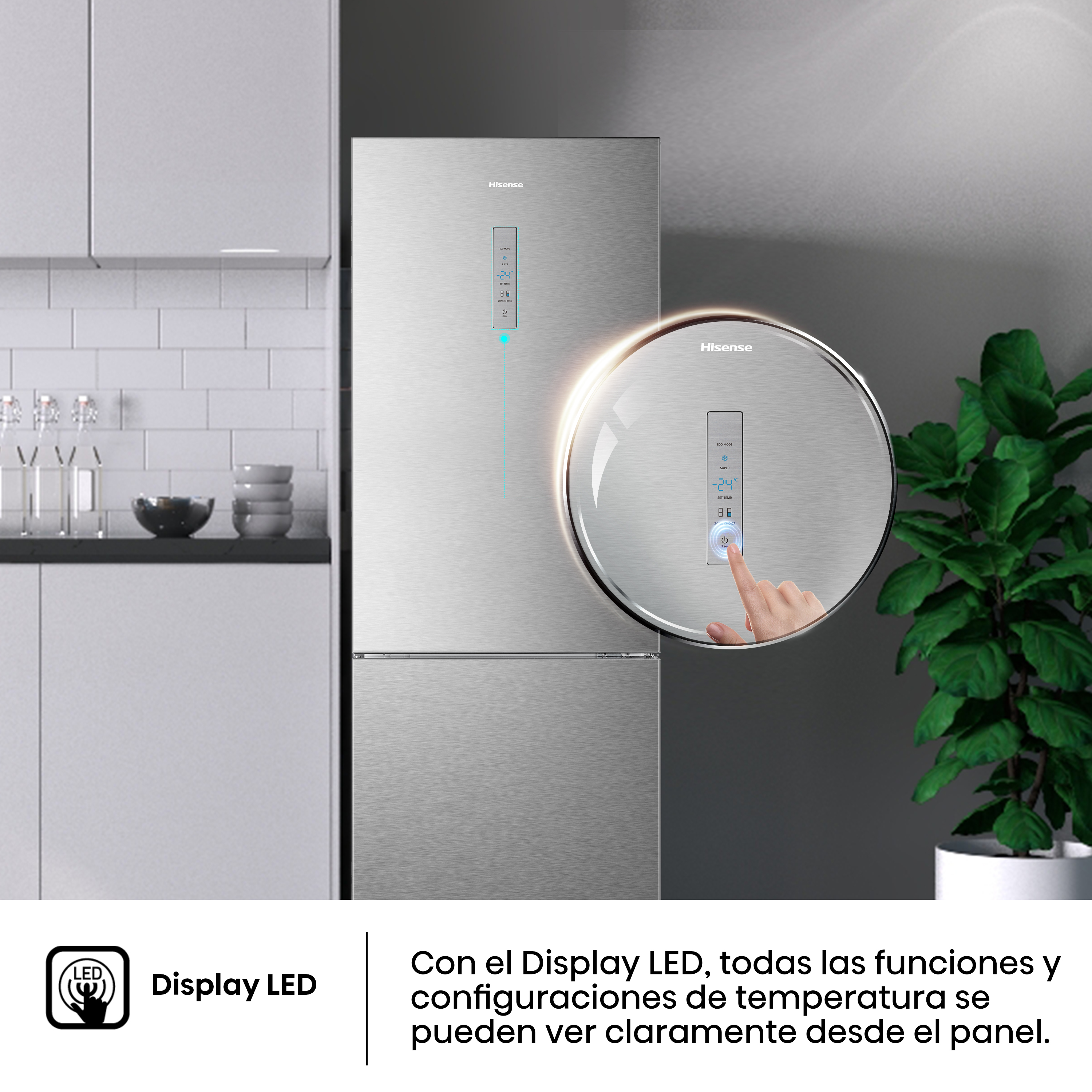 Pantalla LED: Refrigerador Hisense con mano tocando la pantalla, mostrando ajustes.